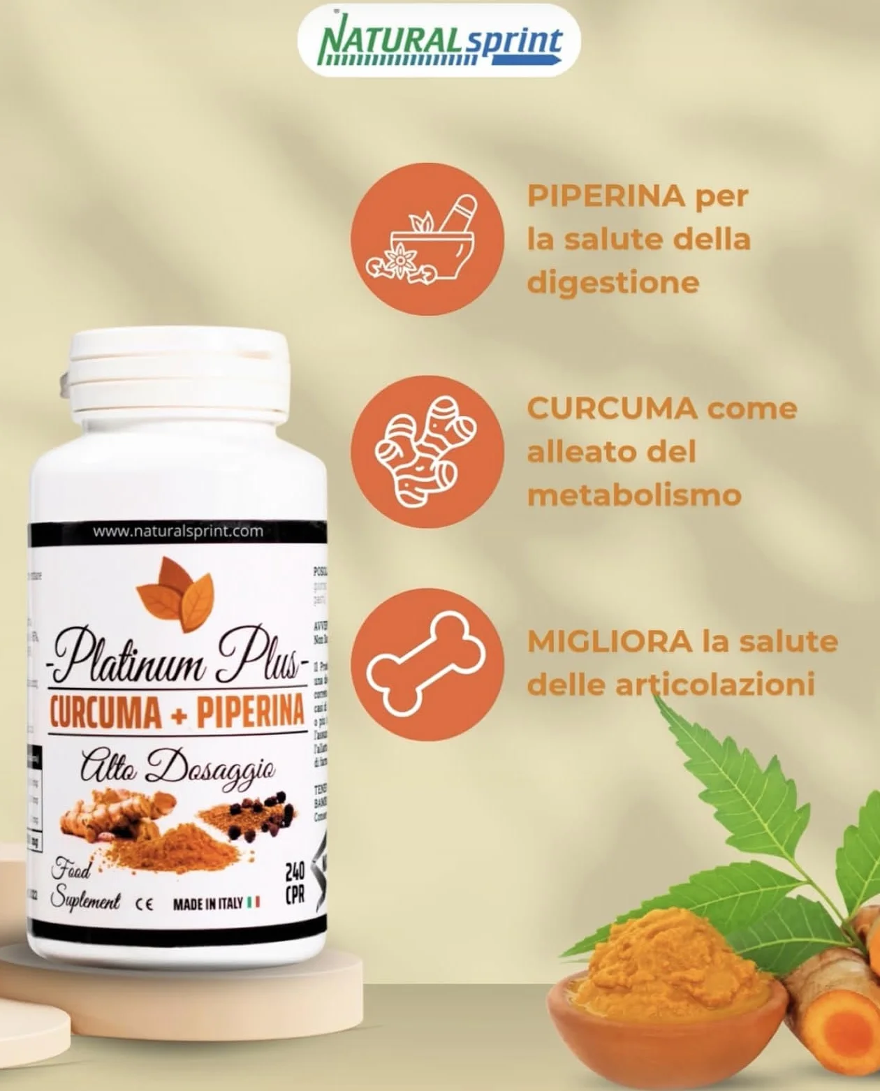 Curcuma + Piperina Platinum Plus 240 Compresse Naturali Made in Italy