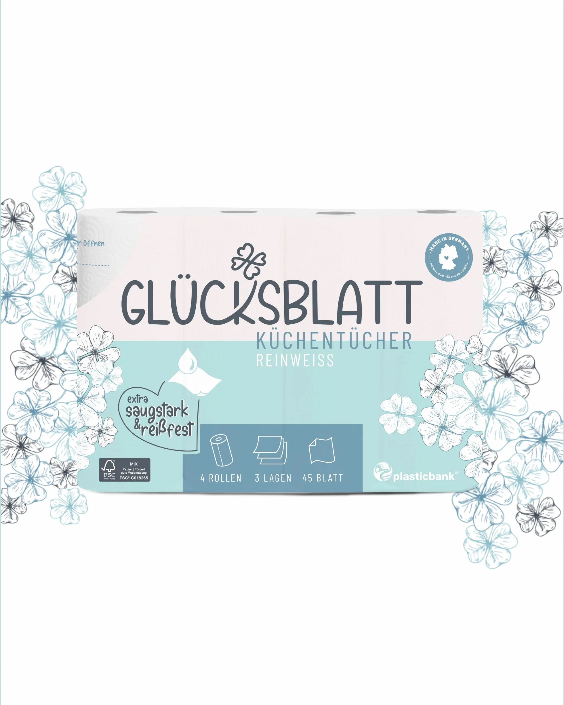 Glücksblatt Asciugamani da cucina 48 rotoli 45 fogli 3 strati 100% polpa assorbenti carta da cucina
