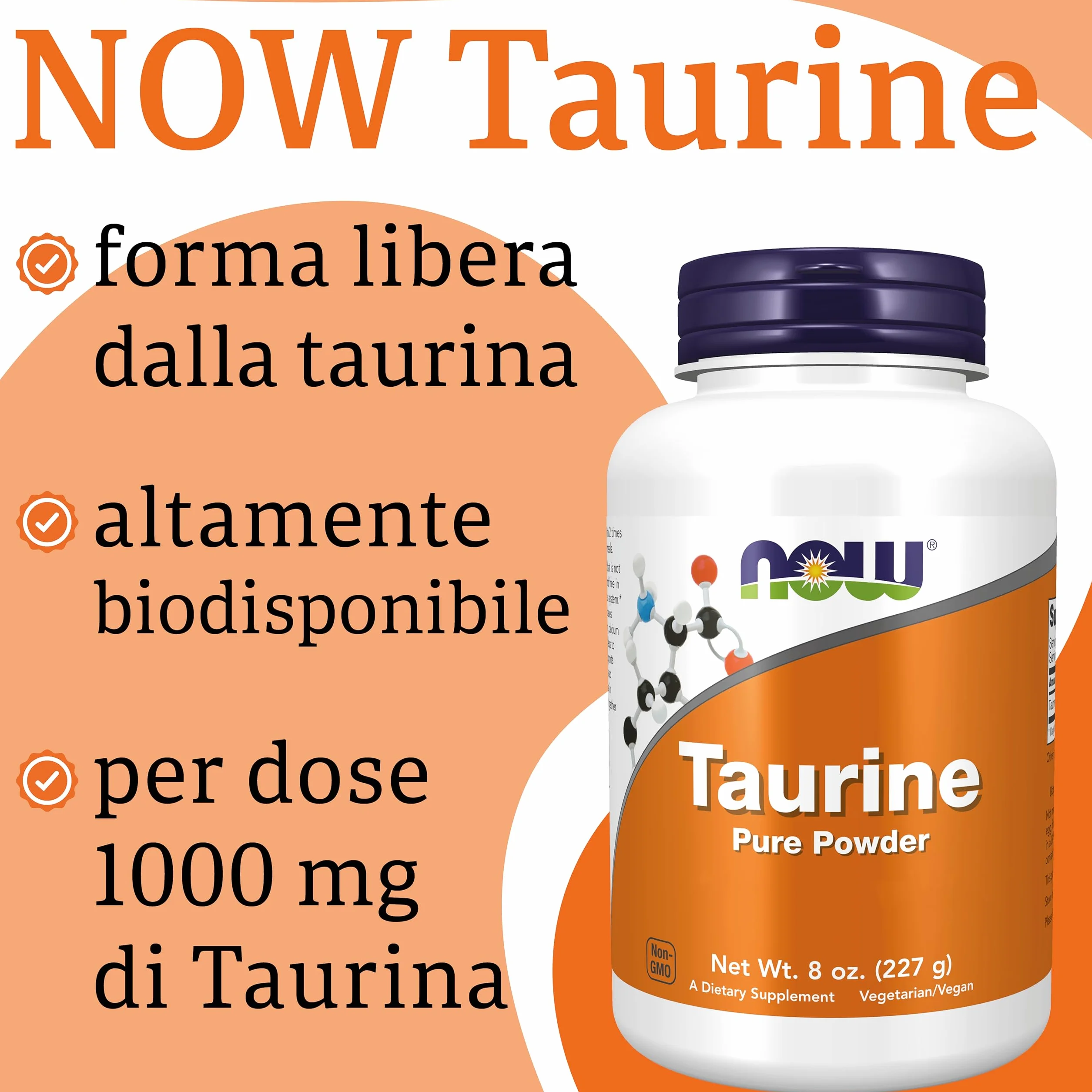 Now Foods, Taurine, Forma Libera, 227 g Polvere vegana, Testata in Laboratorio, Senza Soia, Senza Glutine, Non OGM, Vegetariana