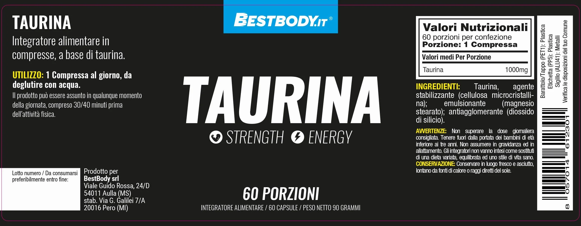 BestBody - Taurina 1000 mg - Supporta la Concentrazione e Contrasta la Fatica Muscolare, Supporto in Palestra e Sportivi, 60 Compresse