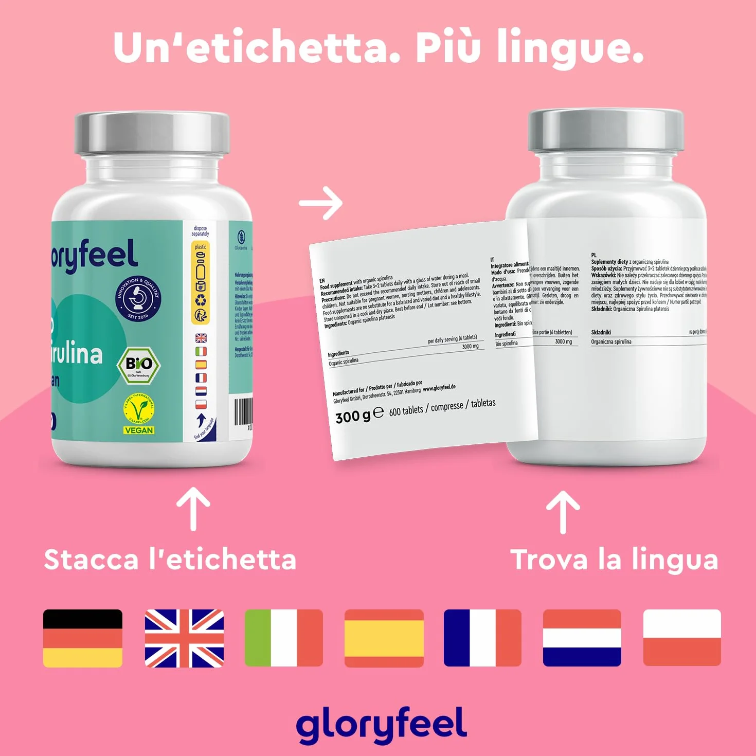 Spirulina Bio 600 compresse 500 mg Alto dosaggio Ricca di ficocianina proteine vitamine Alga pura Analizzata Confezionata Germania Vegan senza Additivi