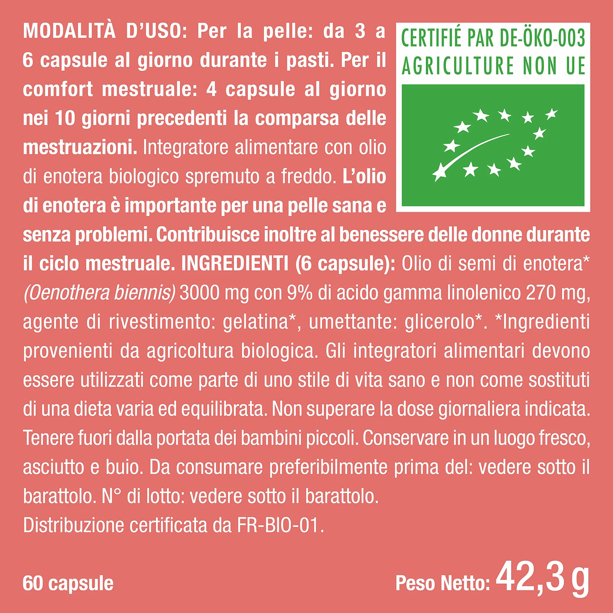 Olio di Enotera BIO 3000 mg GLA 270 mg Spremuto a freddo 60 capsule