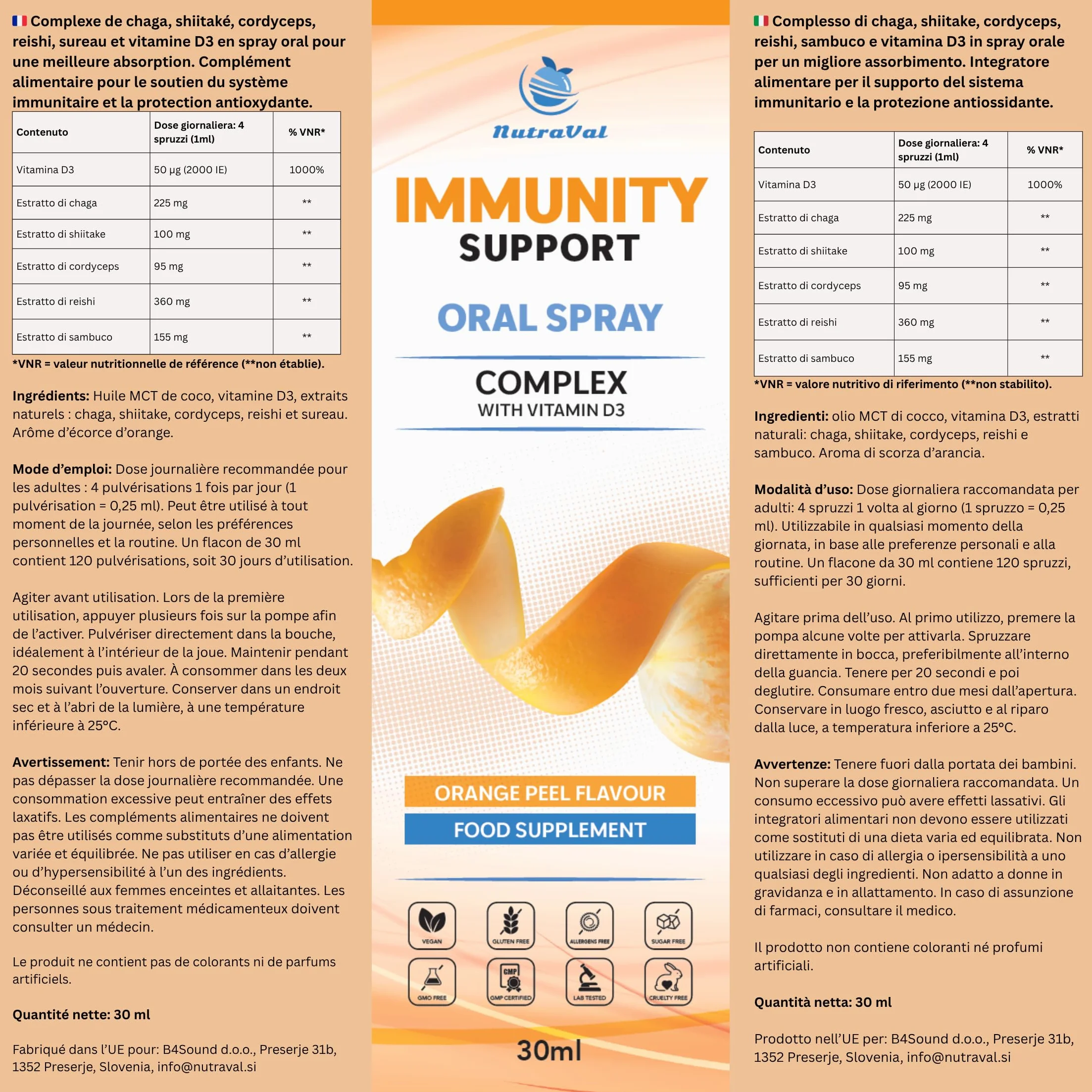 Spray Immunità con Complesso di 4 Funghi | Chaga, Reishi, Shiitake & Cordyceps | Vitamina D3 2000 UI – Immunità, Ossa & Muscoli | Sambuco Nero | Assorbimento Rapido – Senza Compresse | Vegano | 30 ml