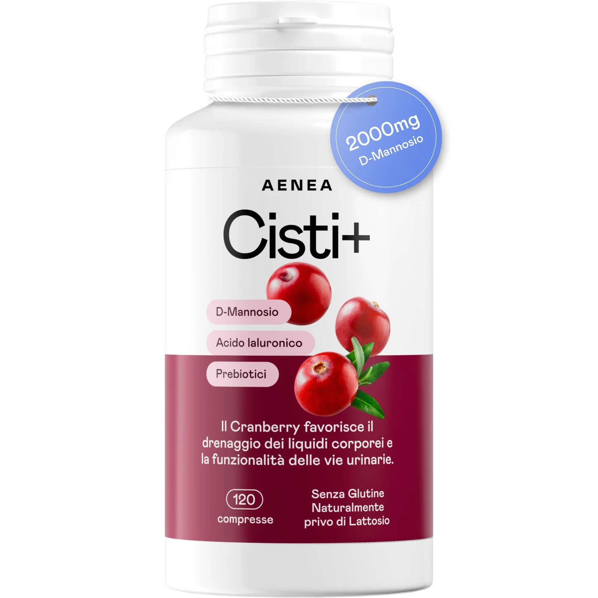 Cisti+ Integratore Cistite Donna 120cpr con D Mannosio Puro 2000mg, Mirtillo Rosso, Cranberry, Acido Ialuronico, Prebiotici per Benessere Vie Urinarie, Drenaggio Liquidi, Integratori Vie Urinarie