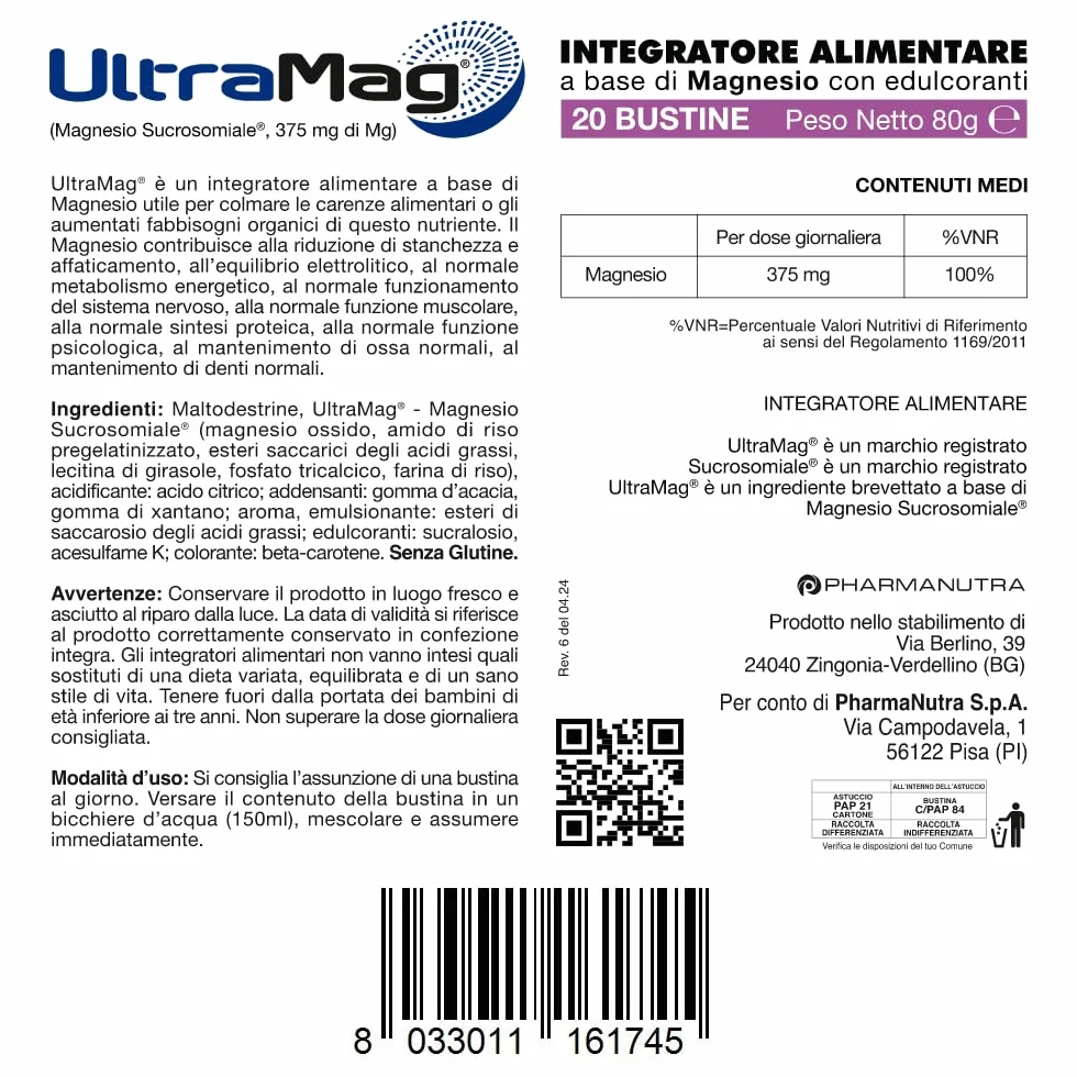 UltraMag Integratore di Magnesio Sucrosomiale 375 mg, Alto assorbimento, Riduce stress e affaticamento, 20+20 bustine, Pharmanutra