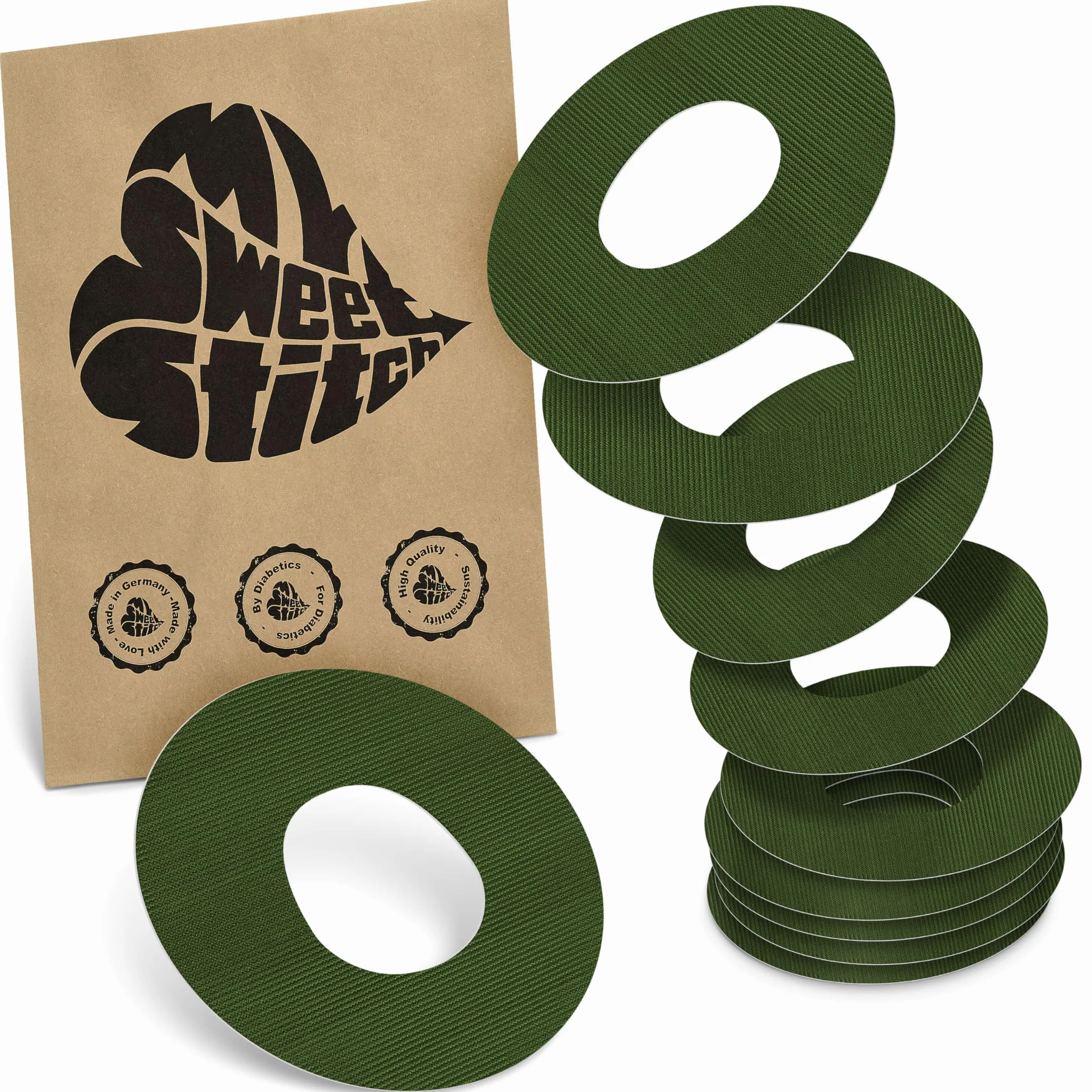 MySweetStitch - 10 x Dexcom G7 cerotti sensore, Ringpatch Ø 65mm, cerotto impermeabile, traspirante, delicato sulla pelle, Made in Germany, Olive-Green