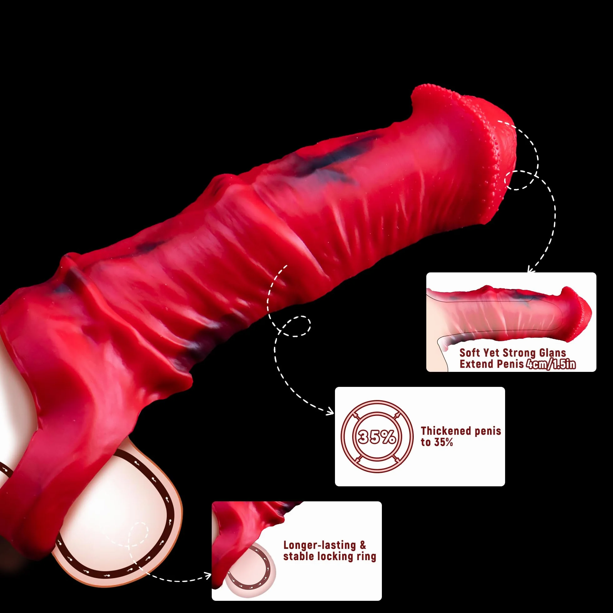 Guaina di estensione in silicone a forma di cavallo per pene maschile con fibbia estensibile per aumentare la lunghezza e la circonferenza (rosso)