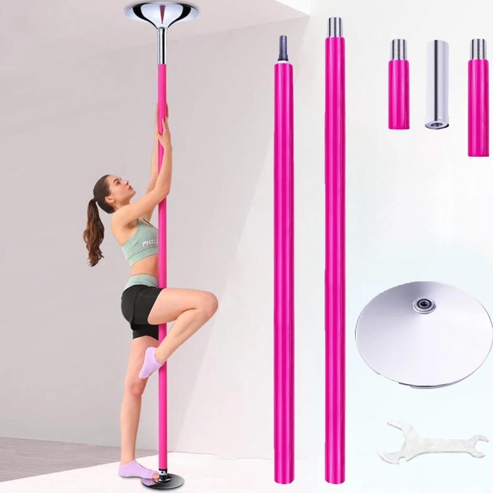 Palo Pole Dance da Casa Rotante da 45 mm con Prolunga Piastra Fissa 2.3-2.75 m Set Rosa