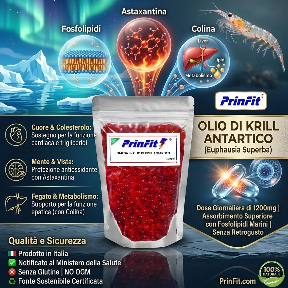 Olio di Krill Omega 3 Puro PrinFit - Ricco di EPA e DHA, Fosfolipidi Marini, Astaxantina - 100 Capsule molli