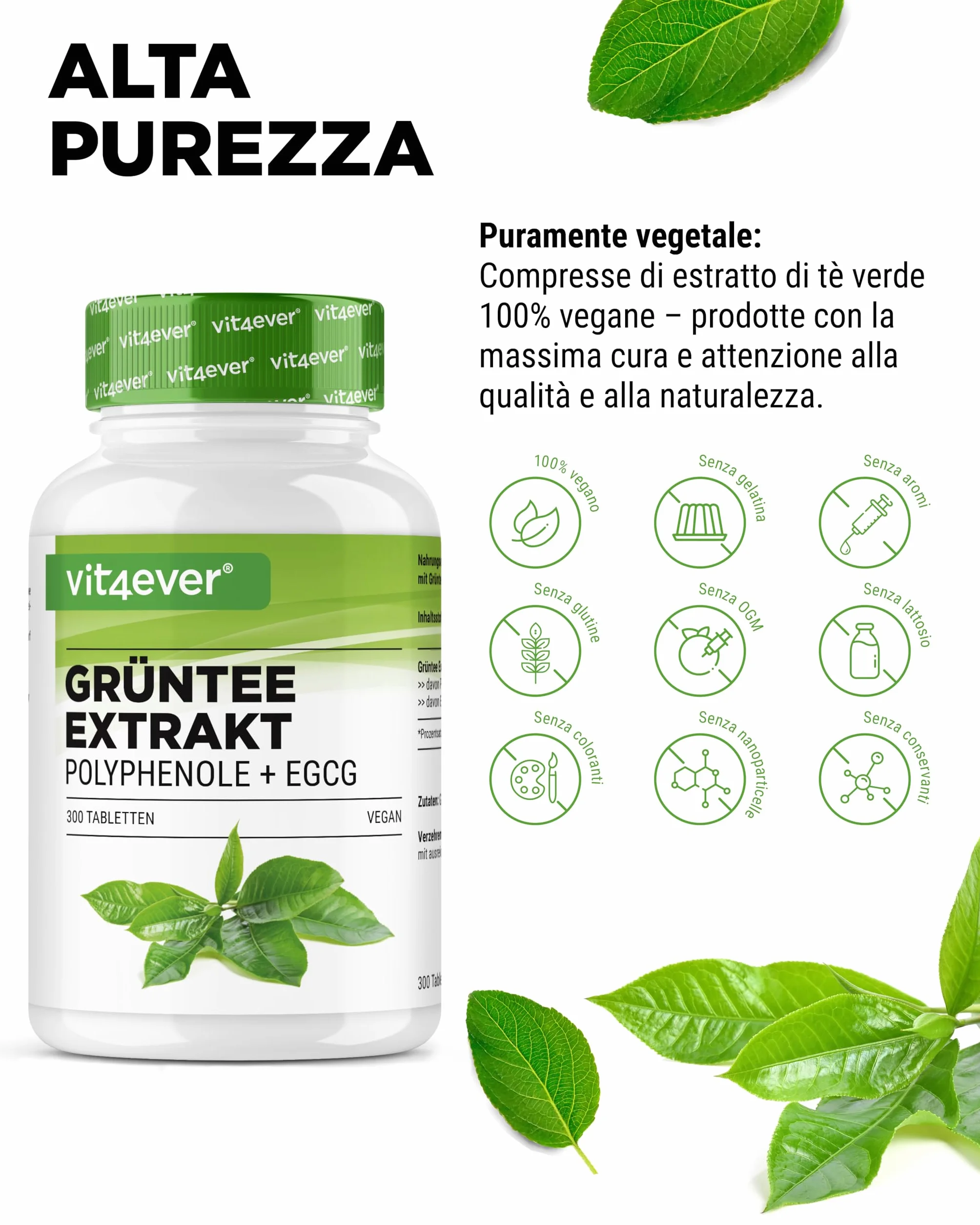 Estratto di Tè Verde 300 Compresse - Alto Dosaggio con 2000 mg di Estratto di Tè Verde, 300 mg di EGCG e 1000 mg di Polifenoli per Dose giornaliera - Green Tea - Vegano - Senza additivi inutili