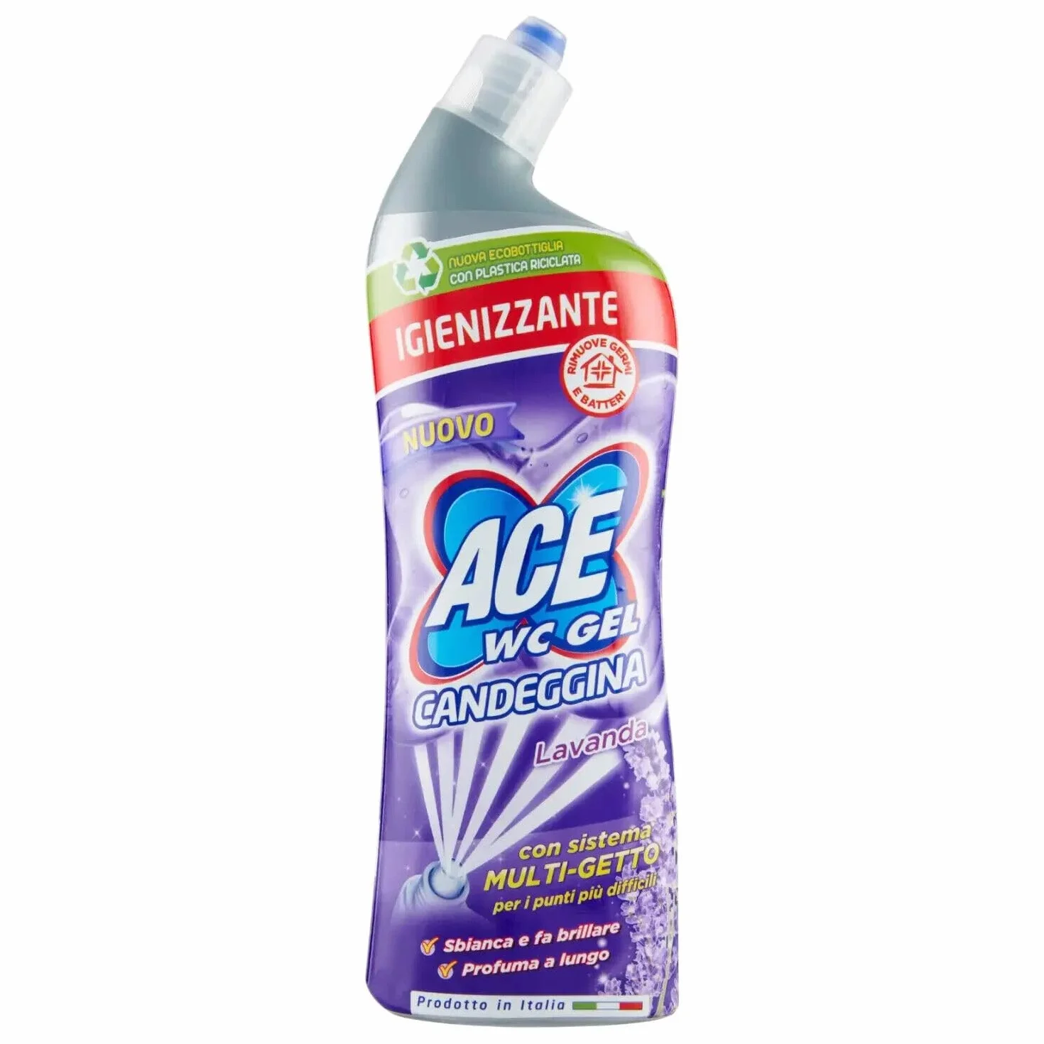 Confezione da 12 gel ACE Wc con Candeggina Lavanda, detergente per WC con candeggina, profumo di lavanda, 700 ml + 1 polvere di talco FELCE AZZURRA