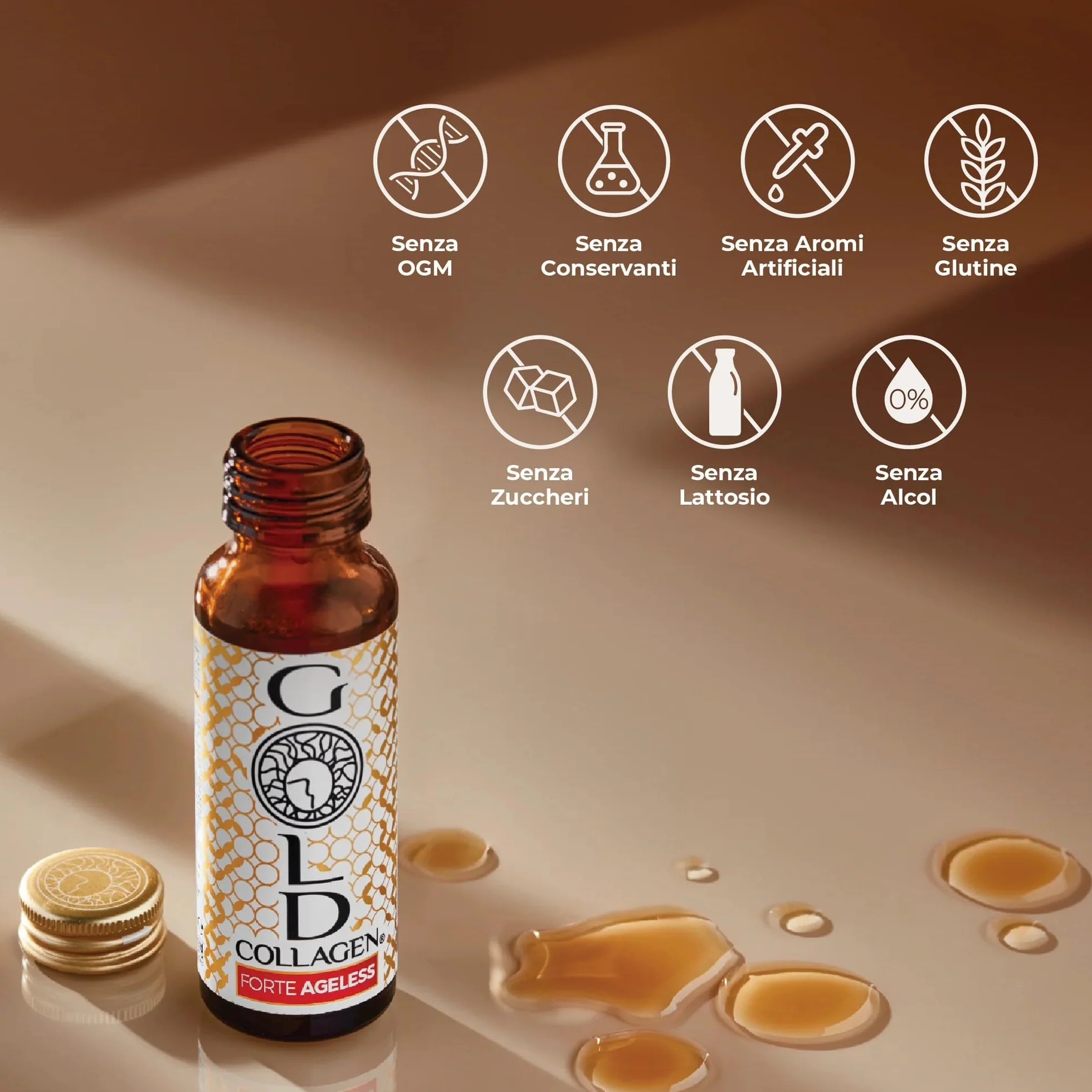 GOLD COLLAGEN Forte Ageless Collagene Integratore Antirughe Antiossidante con Biotina, Vitamina C, Acido Ialuronico, 10x50 ml