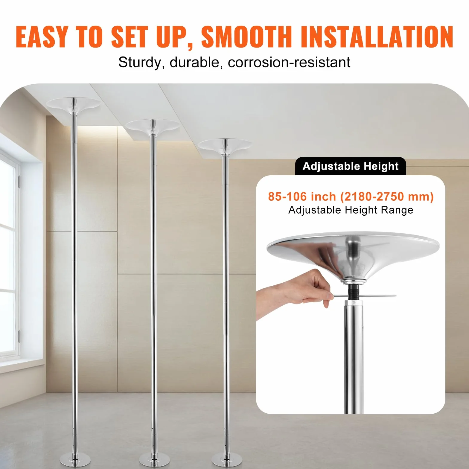 VEVOR Barra Asta da Ballo Professionale, Asta Danza Verticale Rimovibile, Acciaio Inox 45 mm, Altezza Regolabile