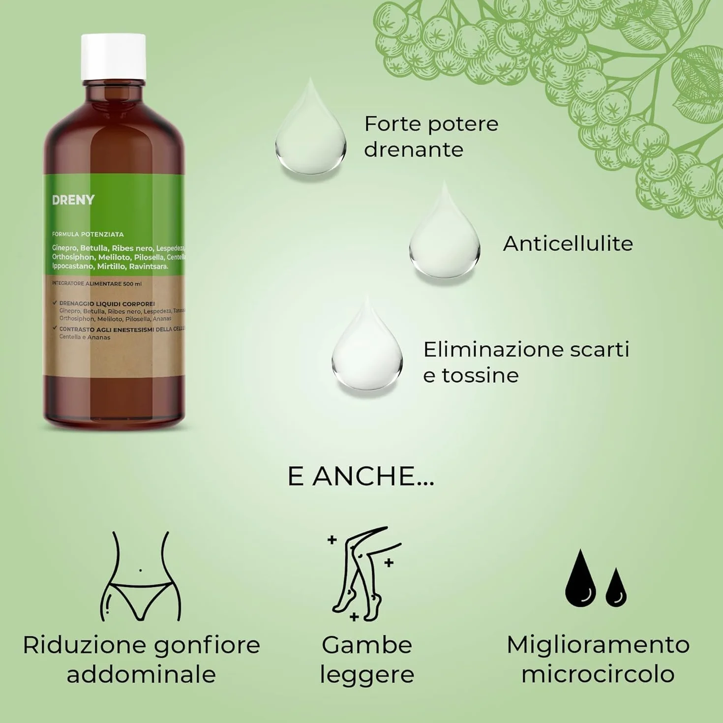 JEA DRENY Drenante Forte Anticellulite 500ml con 13 Estratti Naturali Detox Gambe e Corpo