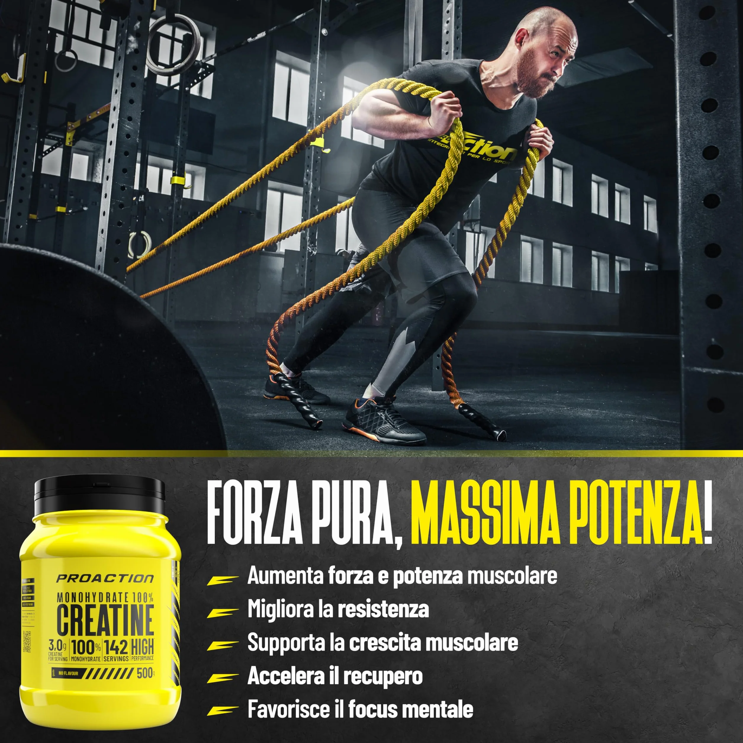 ProAction Creatina Monoidrata in Polvere | 100% Creatina Monoidrato Pura per Forza, Energia & Resistenza | Solubile & Senza Additivi | Aumento della Massa Muscolare | 142 Porzioni | 500 g