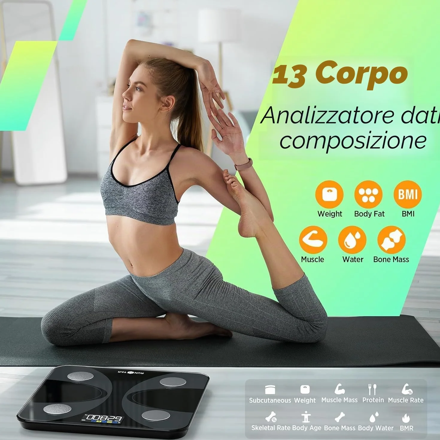 RunStar Bilancia pesapersone smart digitale con display, analizzatore composizione corporea 13 dati Sync App