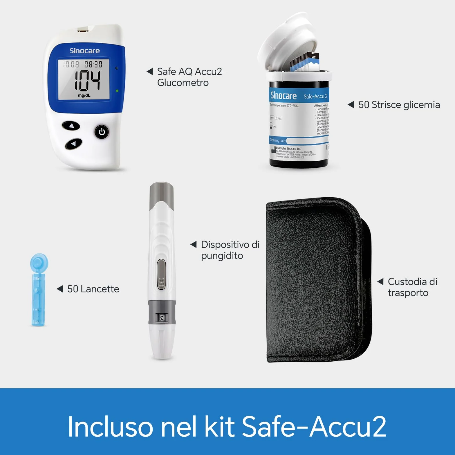 Sinocare Misuratore Glicemia Glucometro, 50 Strisce Reattive e 50 Lancette, Adatto per Diabete Tipo 1&2 e Gestazionale