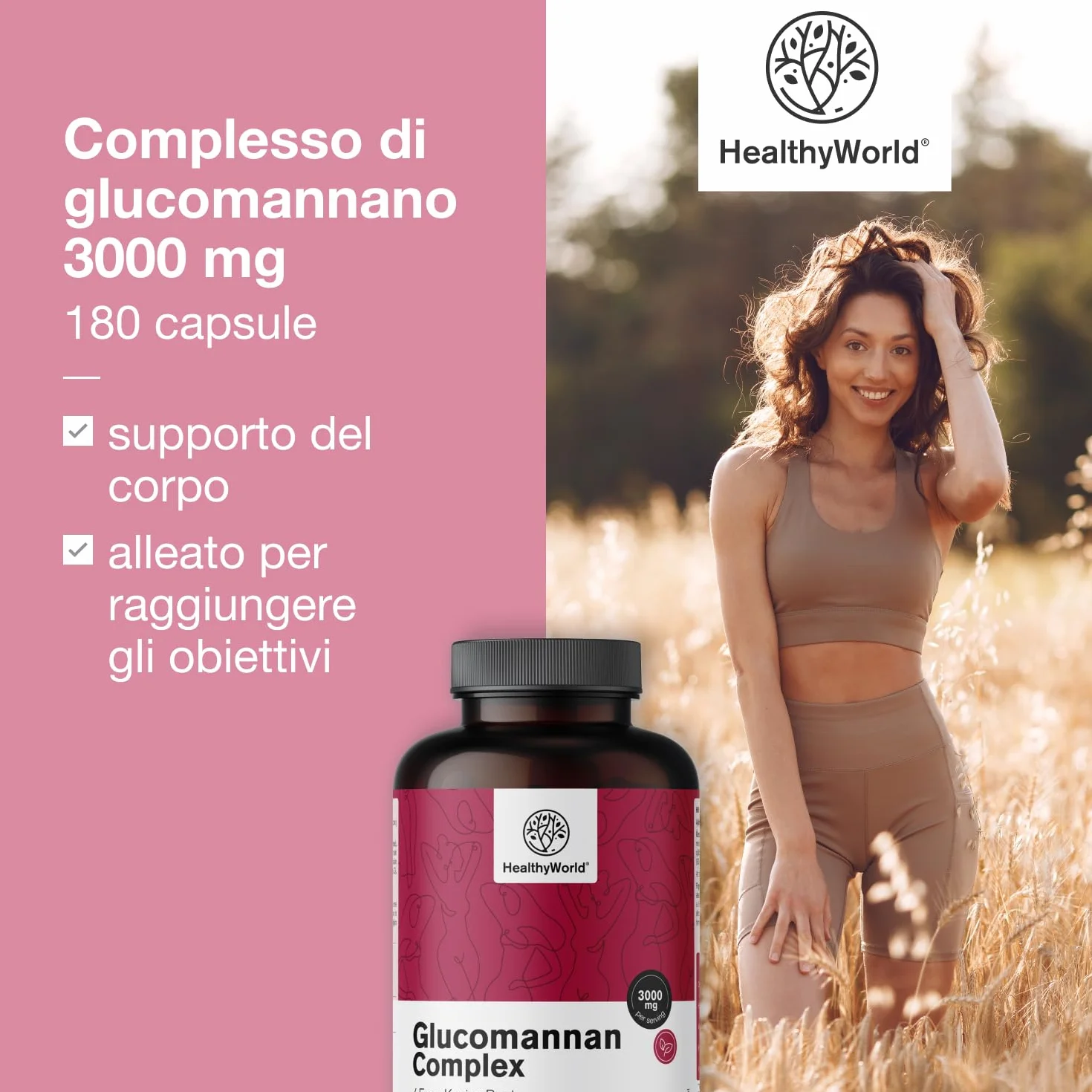 HealthyWorld Glucomannano 3000 mg 180 capsule Konjac Colina Cromo Vitamine D3 B3