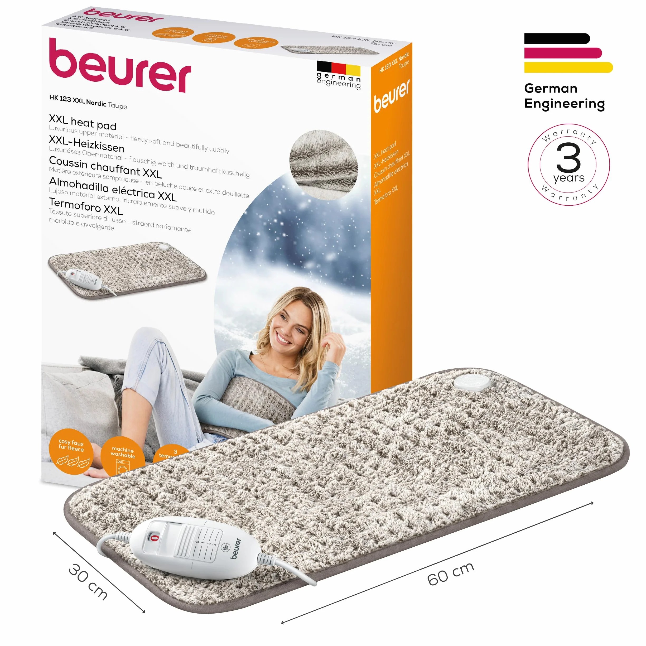 Beurer HK 123 Nordic termoforo XXL, ultramorbido e traspirante, 3 livelli di temperatura, riscaldamento rapido, spegnimento automatico, lavabile in lavatrice a 30°C, 60 x 30 cm, prodotto in Europa