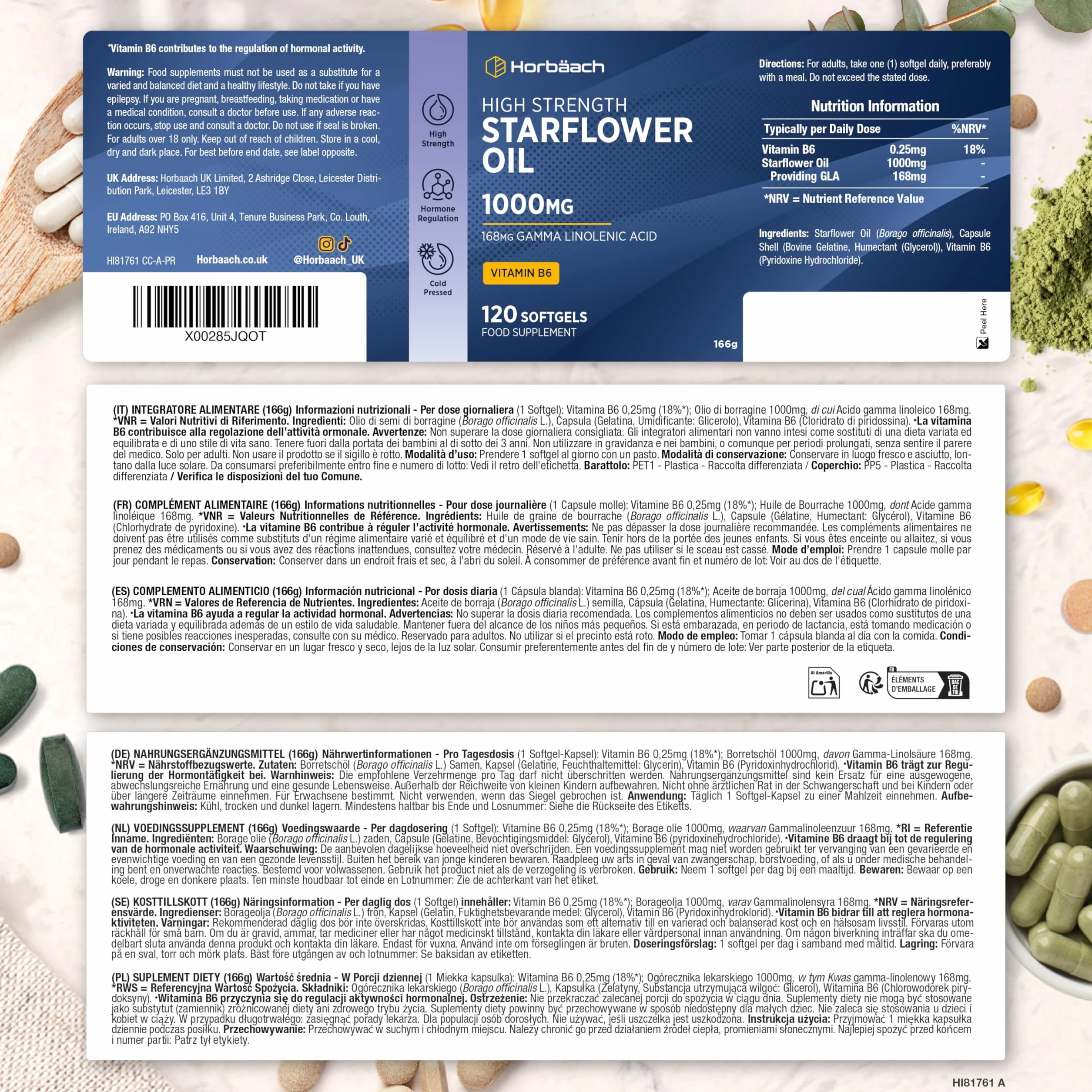 Olio di Borragine 1000mg Horbaach 120 Perle con Vitamina B6 e Acido Gamma Linoleico GLA