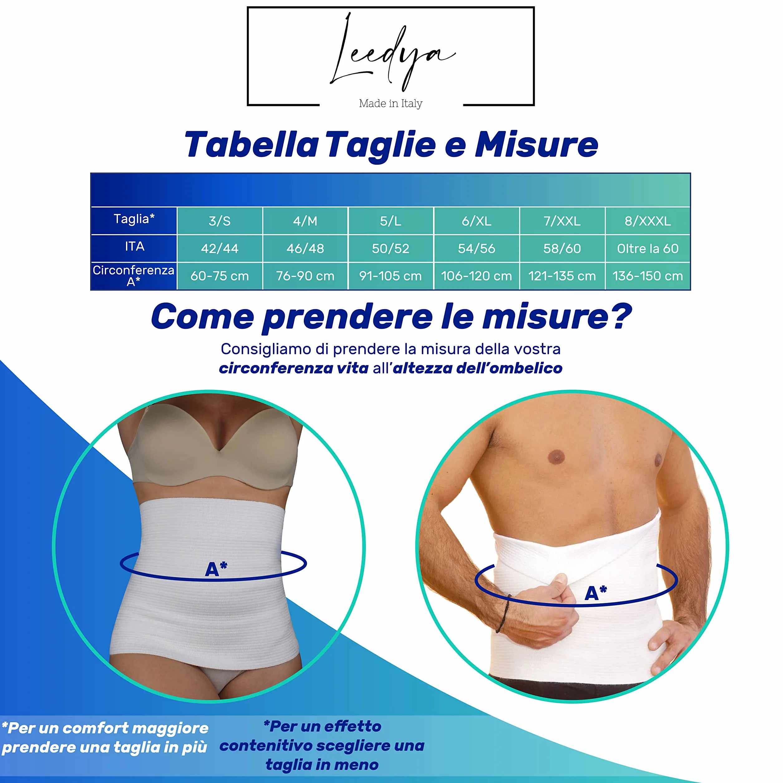 Leedya Fascia Lombare Supporto Schiena Elasticizzata 100% Made In Italy, Pancera Addominale Riscaldante per Mal Di Schiena - Pancera Post Operatoria in lana e cotone (Tg 6/XL 106/120 Cm, Bianco)