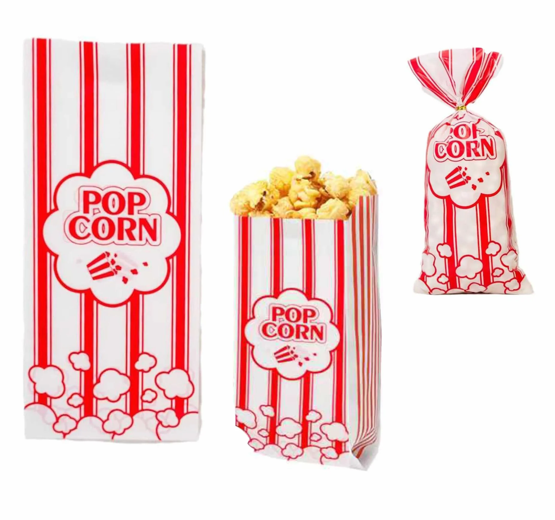 200 Pezzi Sacchetti per Pop Corn in OPP, 12.5x27.5cm Sacchetti Anti-Grasso per Macchina per Popcorn, Feste, Cinema, Compleanni - Design a Righe Rosso Bianco Vintage