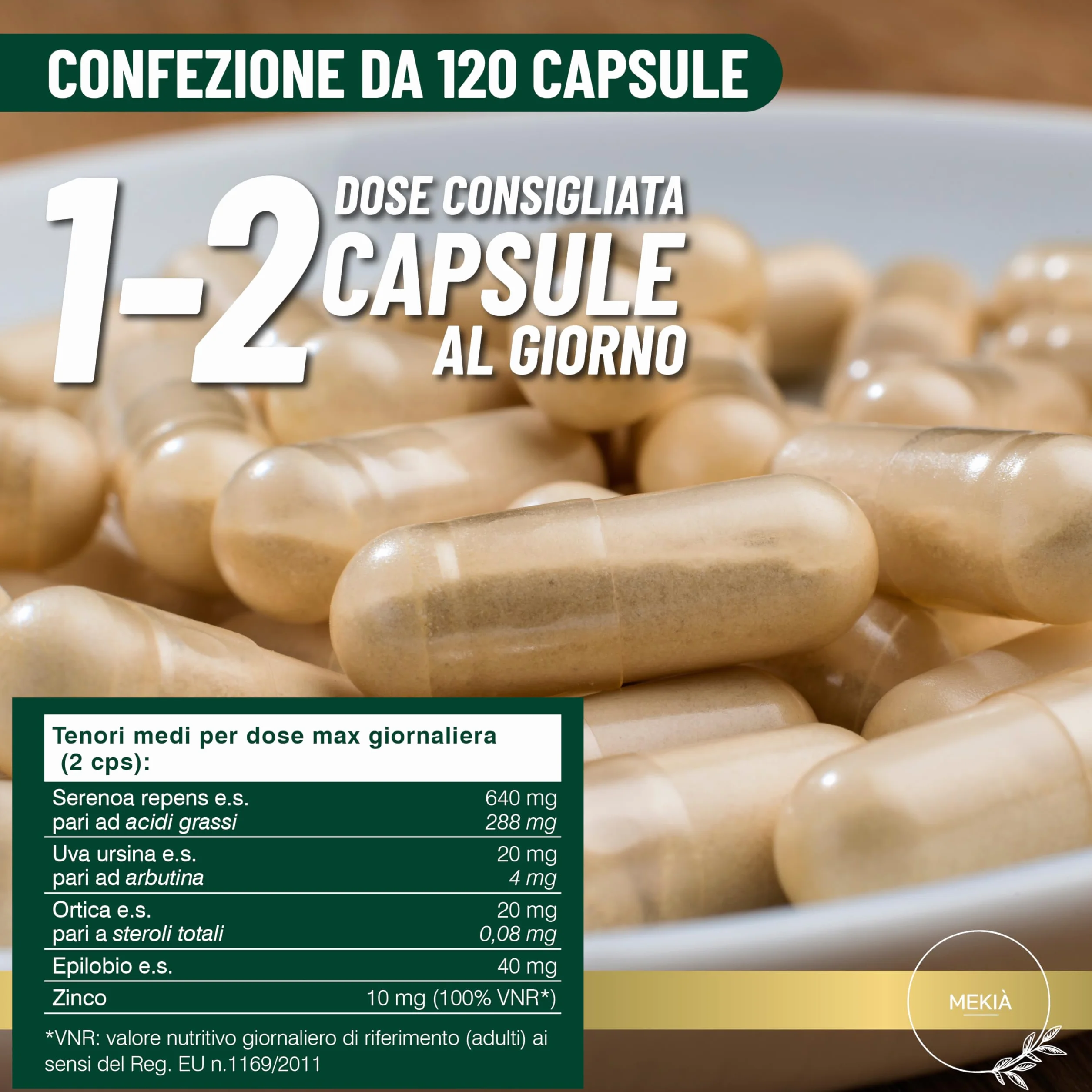SERENOA REPENS 640 mg Alta titolazione 120 capsule integratore Vie Urinarie Prostata Uomo Saw Palmetto Uva Ursina Zinco Ortica Semi di Zucca Epilobio Pygeum