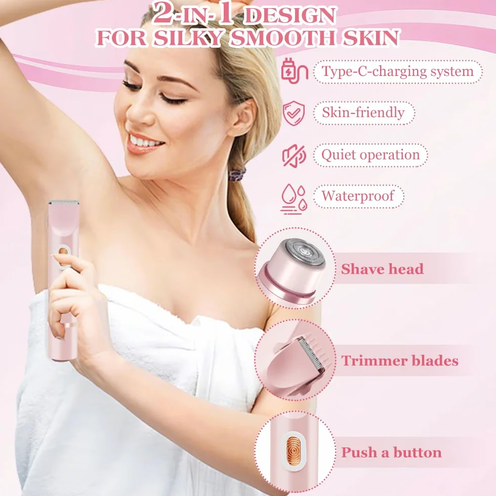 Rasoio elettrico da donna 2 in 1, Bikini Trimmer, impermeabile, utilizzabile sia a secco che bagnato, per gambe, braccia, ascelle e zona bikini (Rosa)
