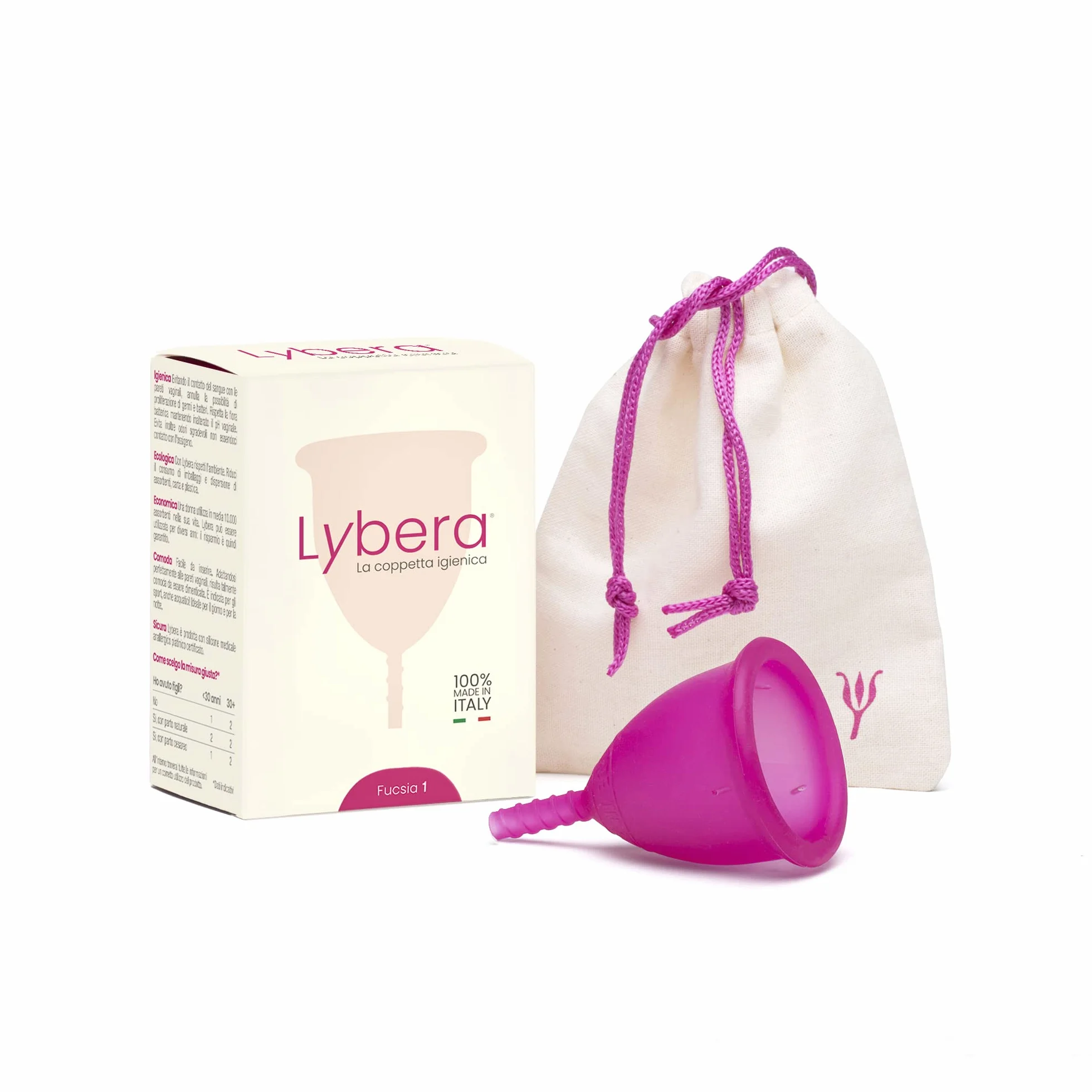 Lybera Coppetta Mestruale Made in Italy, Coppetta Mestruale Morbida, Sicura, in Silicone Medicale, Ecologica, per Igiene Intima, Comoda, Disponibile in 2 Taglie - Taglia 1, Colore Fucsia