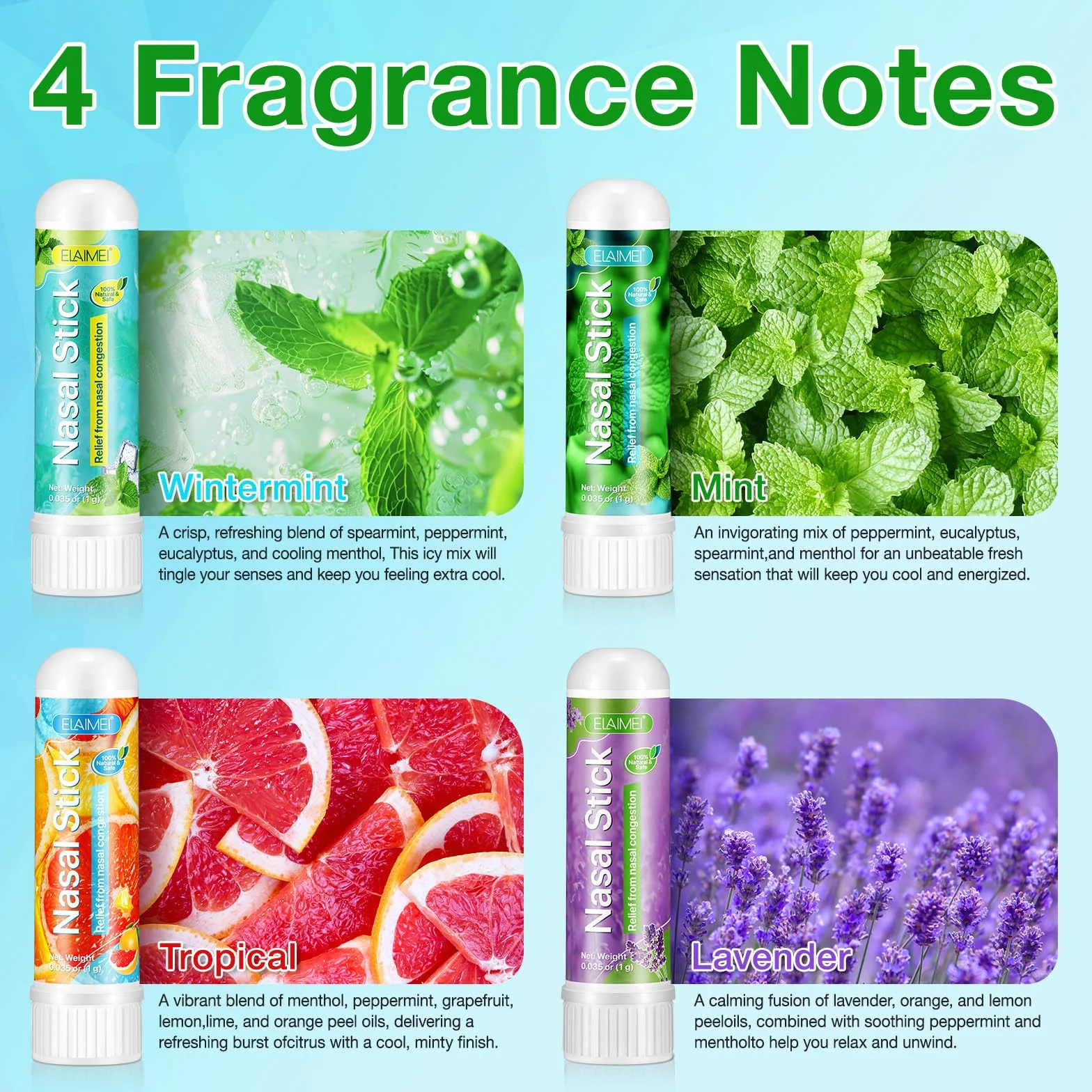 Nasal Stick 4 Pack, Inalatore Nasale, Rapido Sollievo dal Naso Chiuso, Migliora la Respirazione e Aumenta la Concentrazione, Realizzato con Oli Essenziali e Mentolo