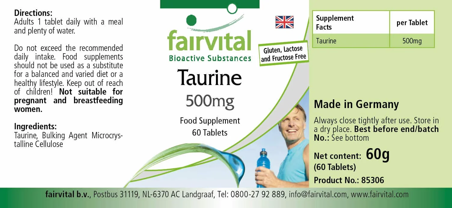 fairvital Taurina 500 mg, 60 compresse, ad alto dosaggio con 500 mg per compressa, VEGANO