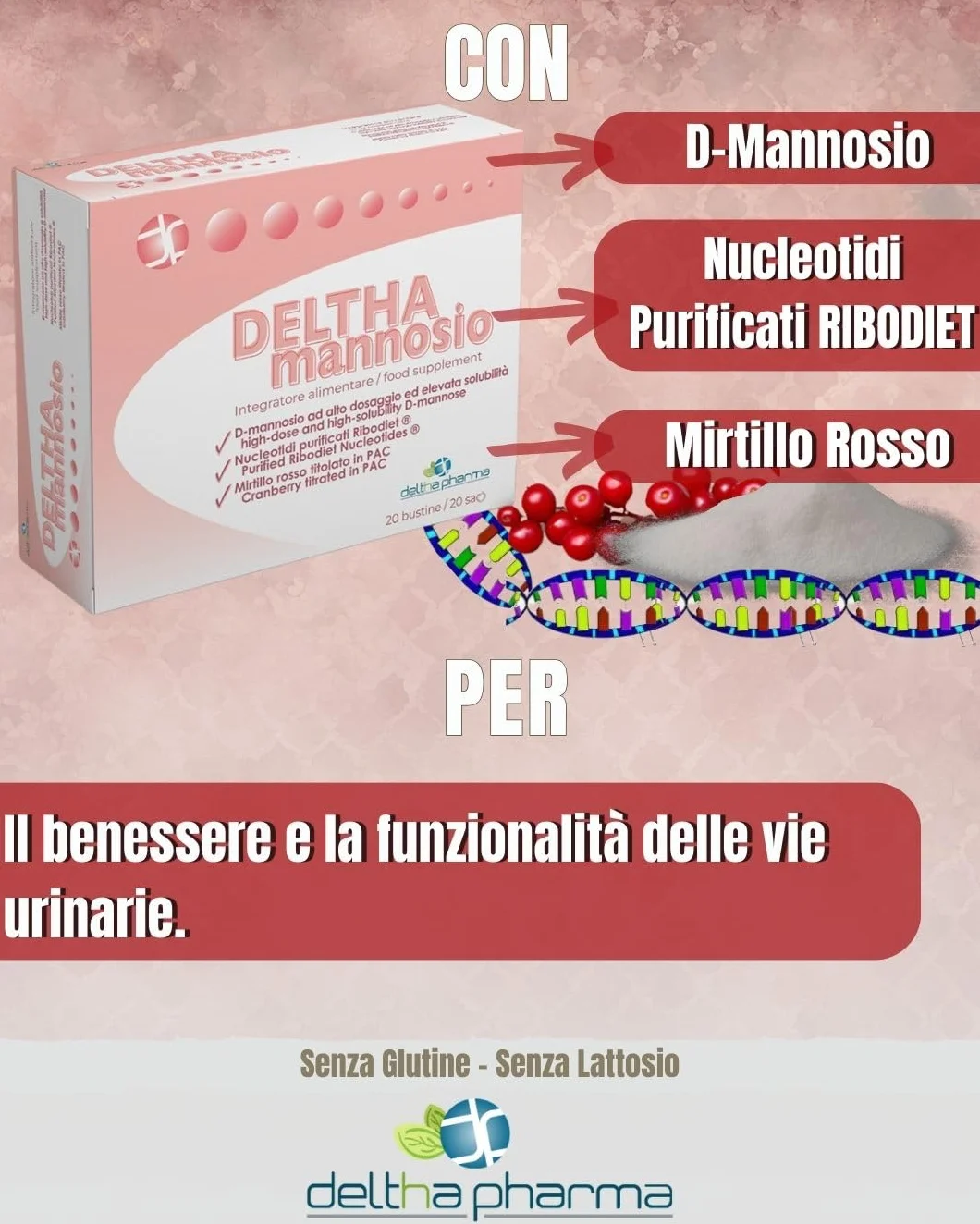 Deltha Mannosio Integratore Alimentare di D-mannosio Puro Ad Alto Dosaggio 1000 Mg, Nucleotidi e Mirtillo Rosso (cranberry) - 20 Bst, color Bianco, 656 ml