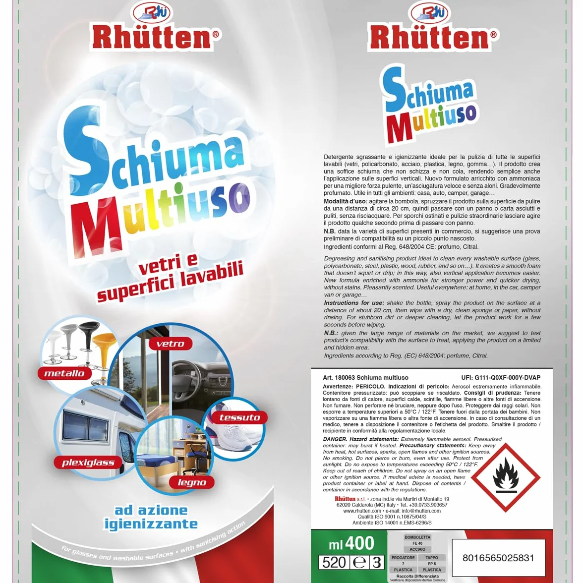 Schiuma Multiuso Igienizzante con Ammoniaca 400ml Spray Detergente per Superfici Lavabili