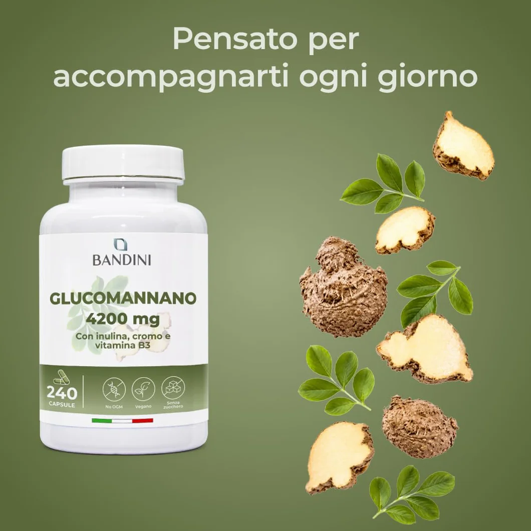 Bandini® GLUCOMANNANO FORTE 4.200 mg per Dose Giornaliera, 240 CAPSULE, Arricchito con Cromo, Vitamina B3 e Inulina, Integratore Alimentare con Formula Ad Alto Dosaggio, 100% Vegan, Made in Italy