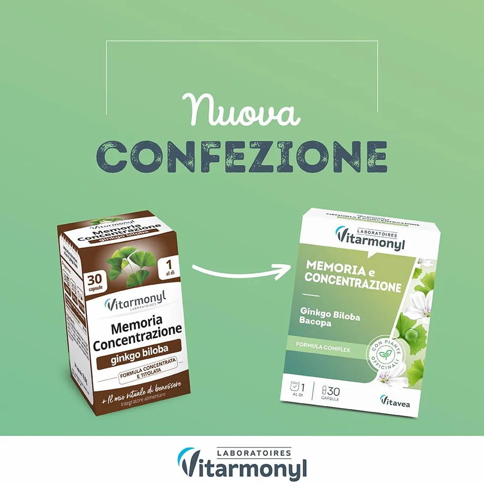 Integratore Alimentare Memoria e Concentrazione Ginkgo Biloba Bacopa 30 capsule Vitarmonyl