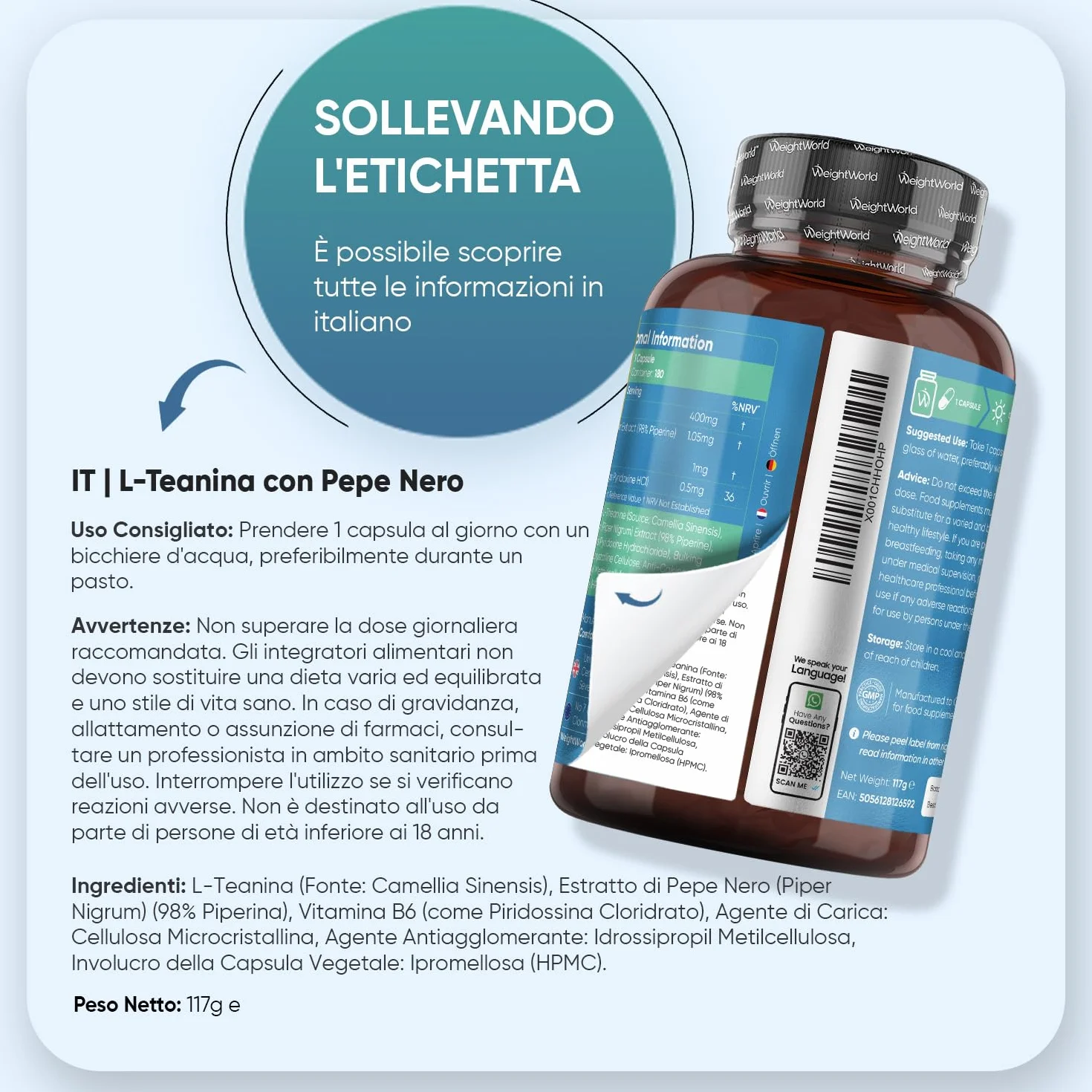 L Teanina 401mg, 180 Capsule Vegane, 1 al Giorno (6 Mesi di Scorta), L-Teanina Estratta dalla Camellia Sinensis con Pepe Nero e Vitamina B6, Aminoacido L Theanine da Tè Verde, Senza Magnesio Stearato