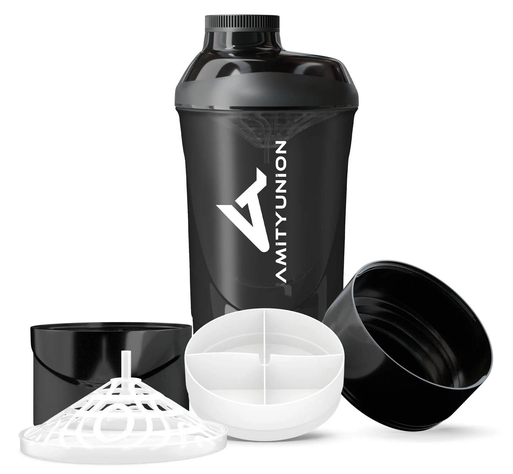 AMITYUNION Shaker per proteine ​​- L'ORIGINALE Senza BPA con setaccio, scala per frullati di siero di latte cremosi, tazze Gym Deluxe per isolati e concentrati sportivi, (Tazza fumogena nera)