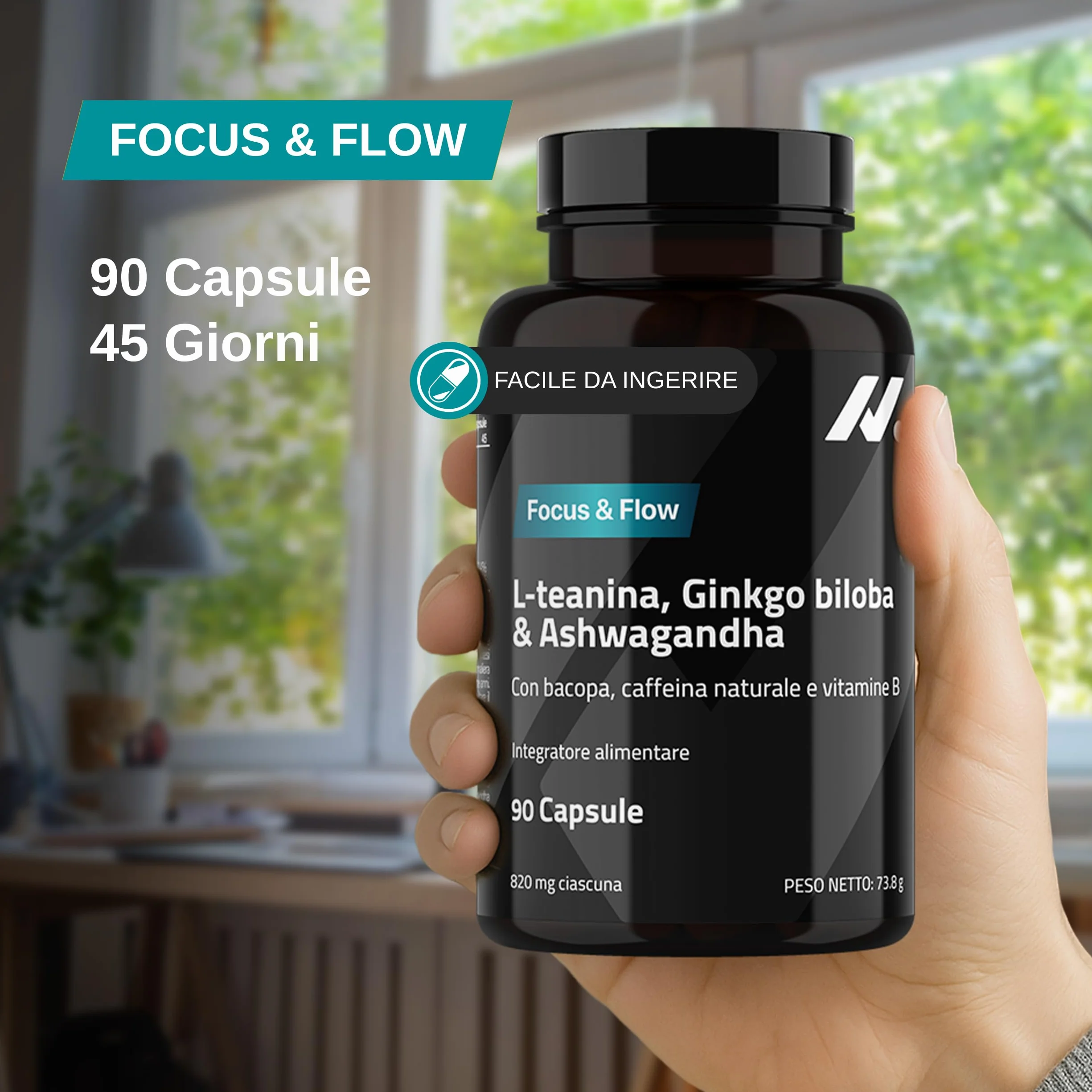 L Teanina, Ginkgo Biloba, Ashwagandha – Nootropico con Bacopa Monnieri, caffeina naturale, vitamine B6 & B12 ad alto dosaggio | Focus, concentrazione & energia senza nervosismo | 90 capsule vegane