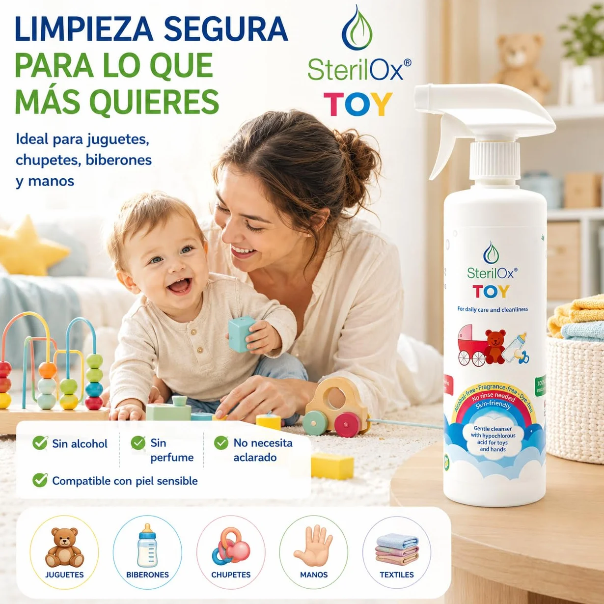 Spray detergente naturale 500 ml con acido ipocloroso per giocattoli bambini