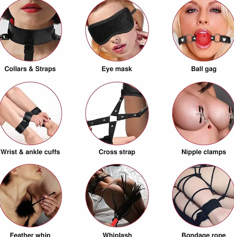 Sex Bondage Kit 10 Pezzi Pelle Nera Regolabile con Manette e Piuma Bastone