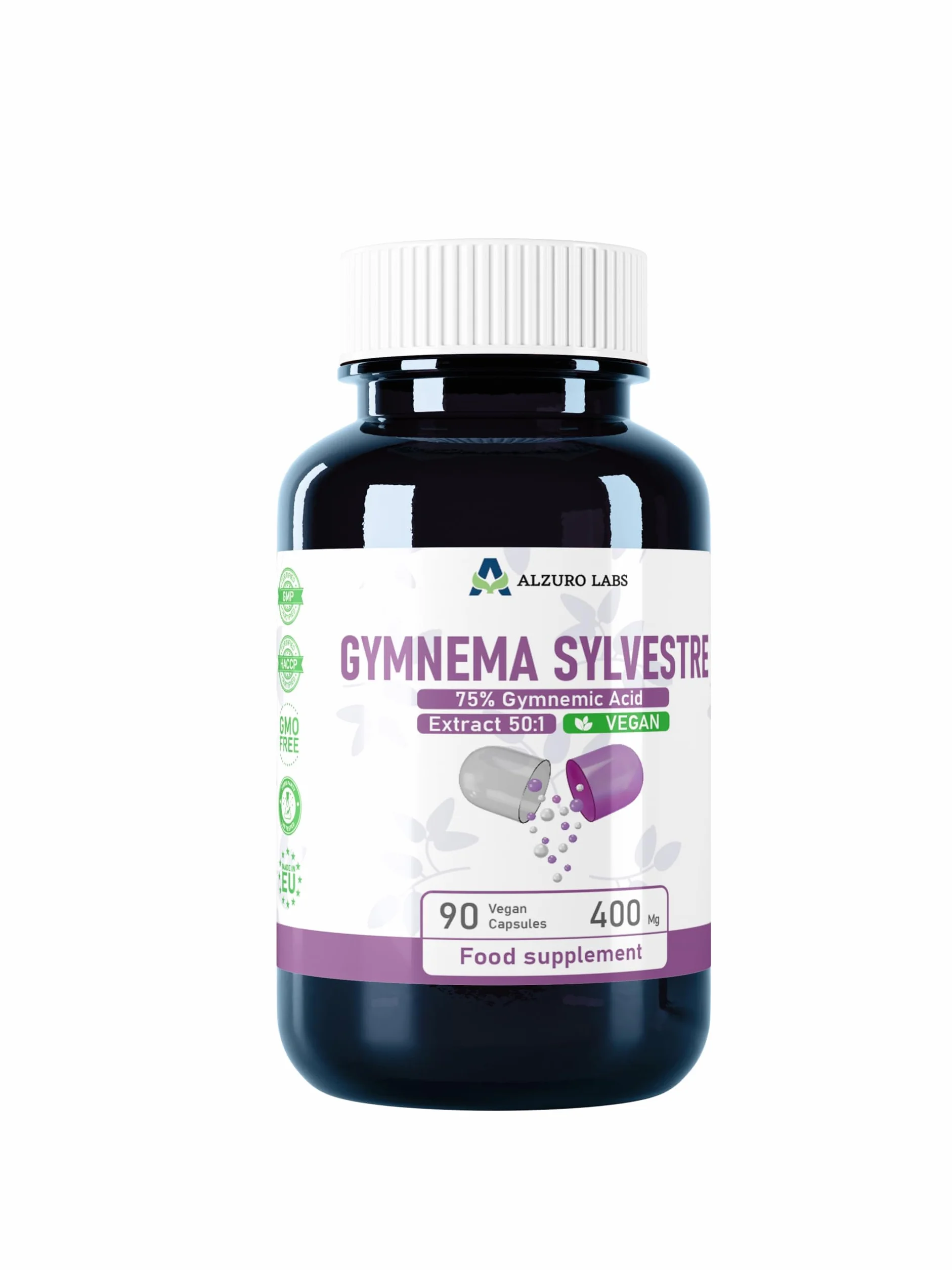 Gymnema Sylvestre 20,000mg Estratto 50:1 400mg 75% Acido Gymnemico 90 Capsule Vegane