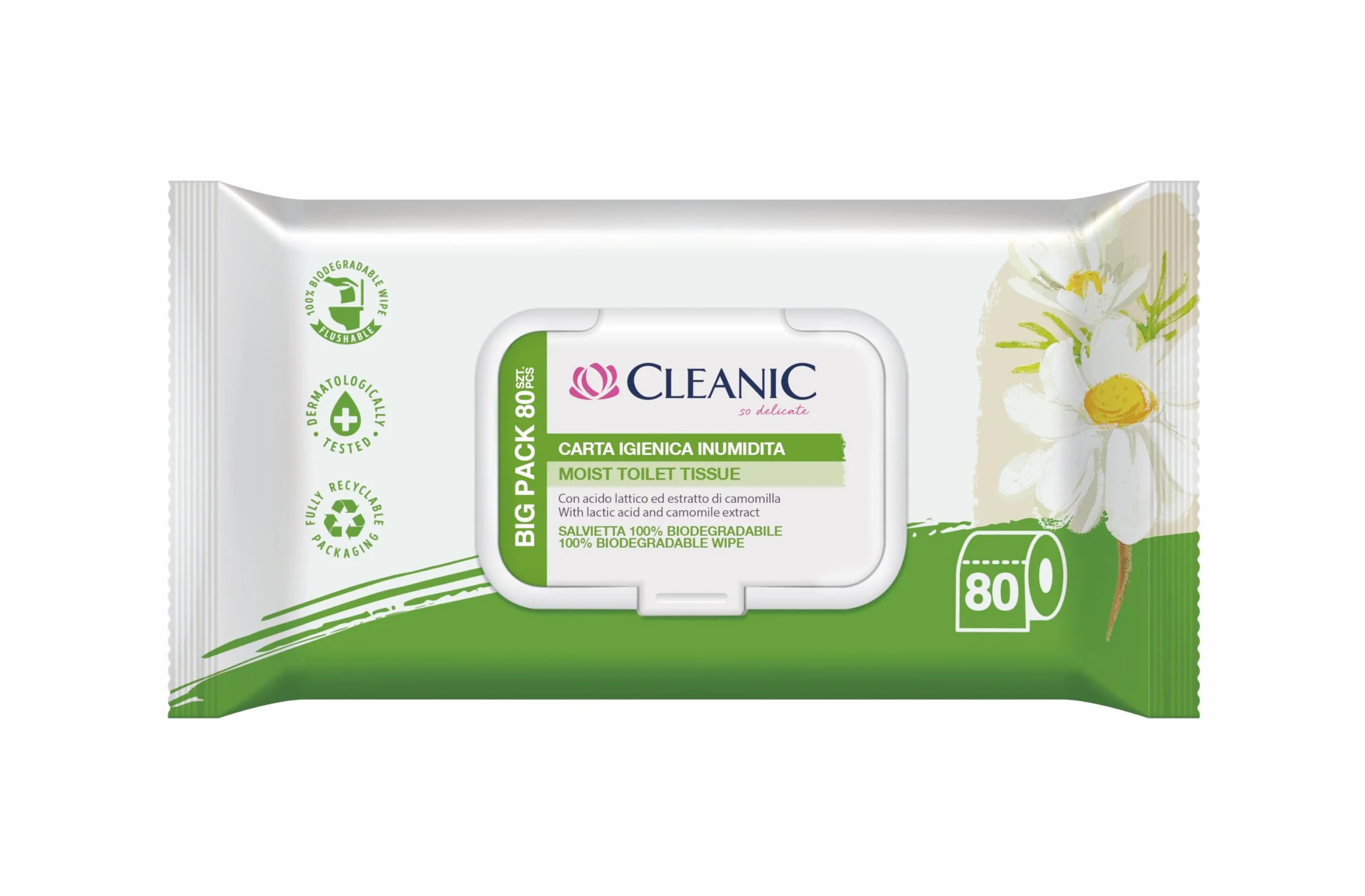 Cleanic Carta Igienica Umidificata 80 Pezzi con Estratto di Camomilla Lavabile Salviette Pulizia Intima Pelle Sensibile