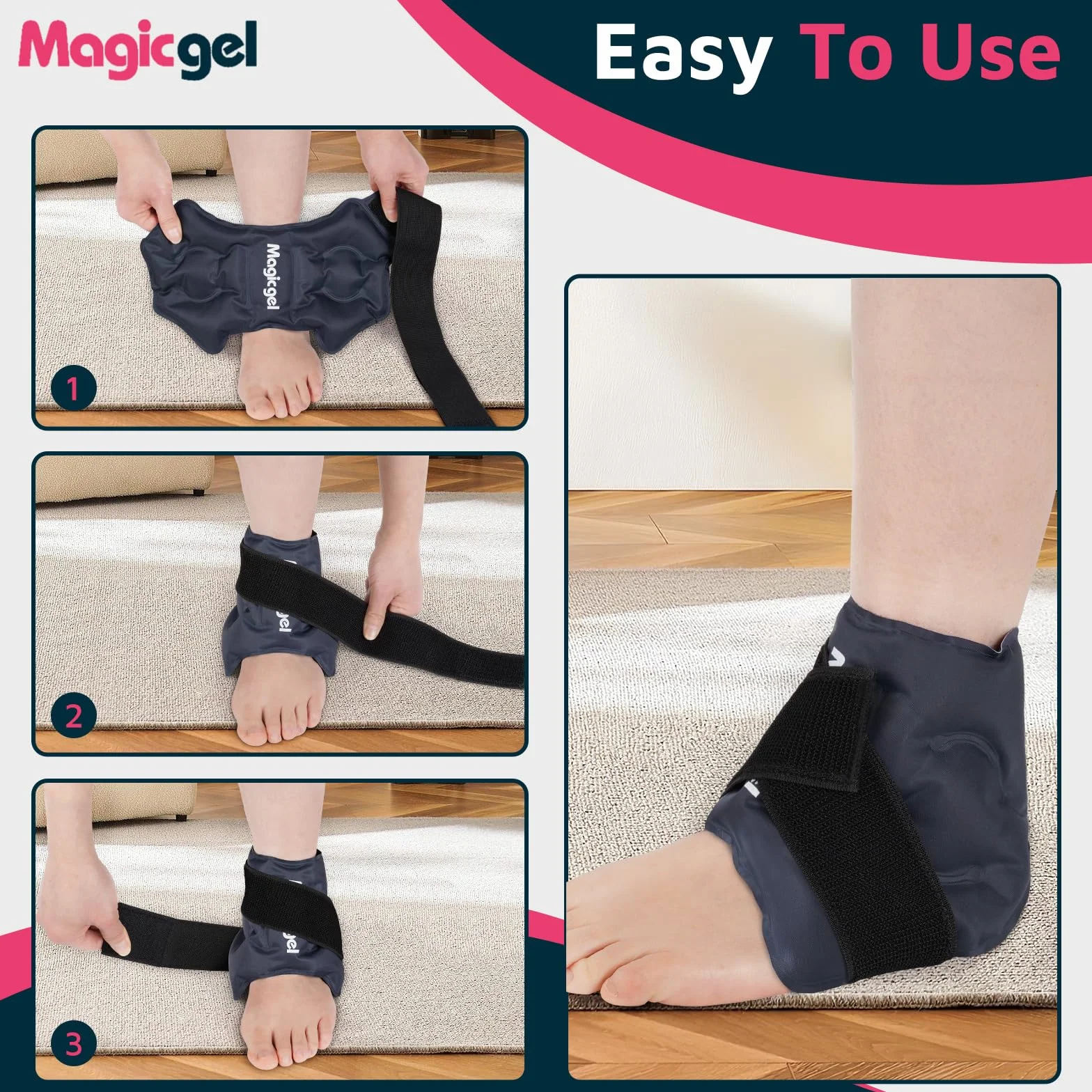 Magic Gel Cavigliera Ghiaccio per Gonfiore e Distorsioni, Impacco Gel Riutilizzabile Caldo/Freddo per Infortuni alla Caviglia e Tendinite d’Achille, Fascia Regolabile per Ginocchio, Gomito e Polso