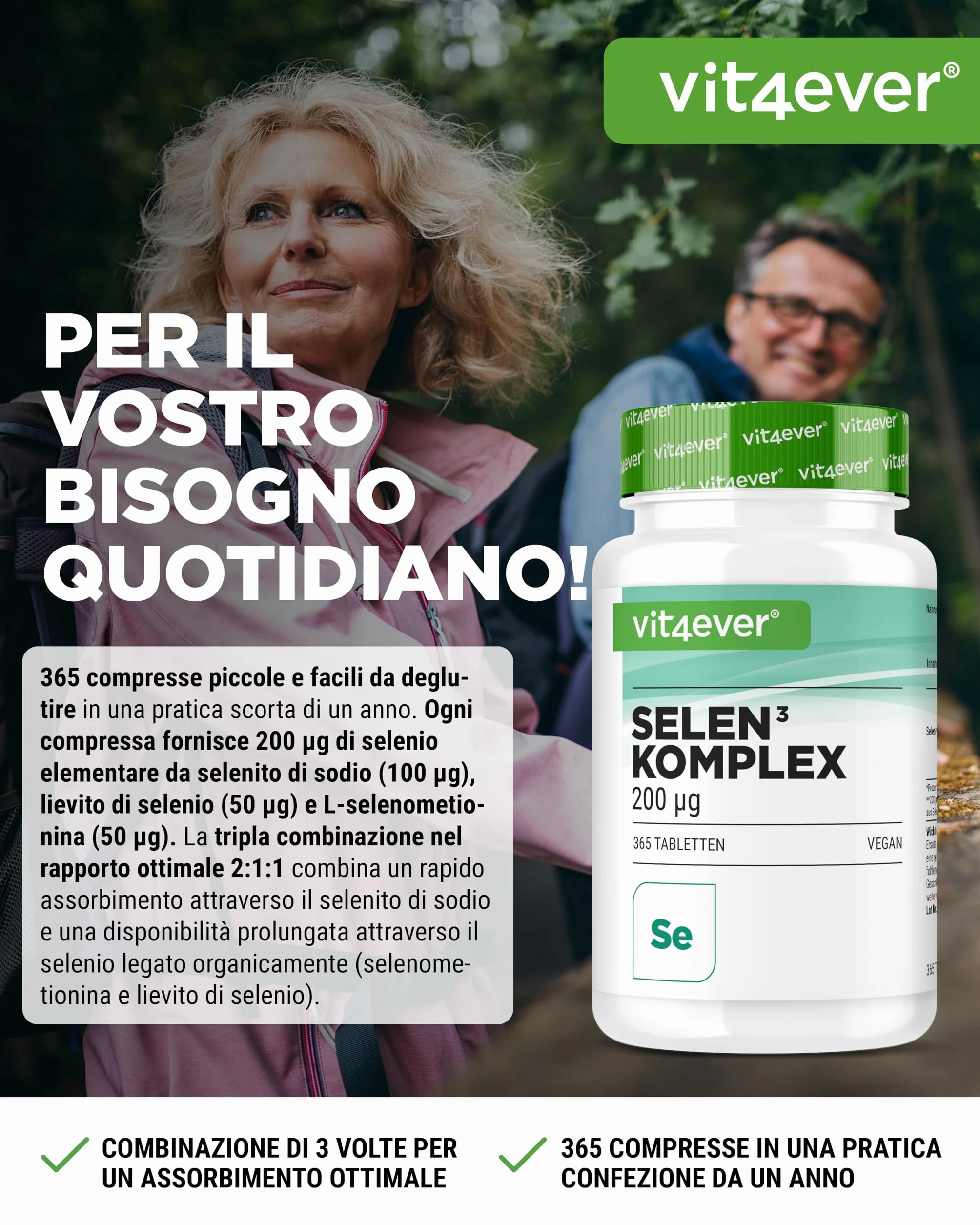 Selenio 3-fold complex - 365 compresse da 200 µg ciascuna - Premium: Selenite di sodio, L-selenometionina, lievito di selenio - Vegan - Altamente dosato