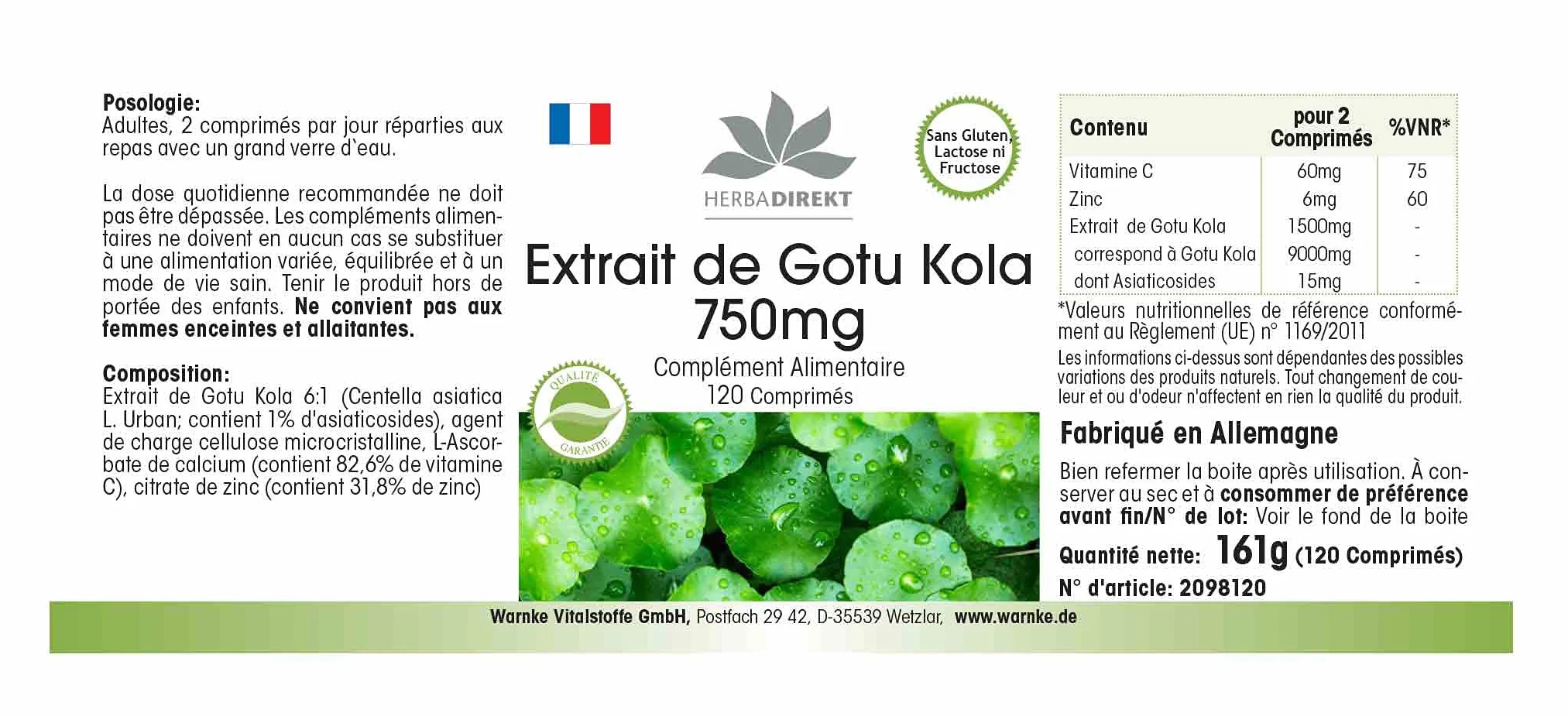 Gotu Kola 750mg estratto ad alto dosaggio con zinco e vitamina C 120 compresse vegan HERBADIREKT by Warnke Vitalstoffe