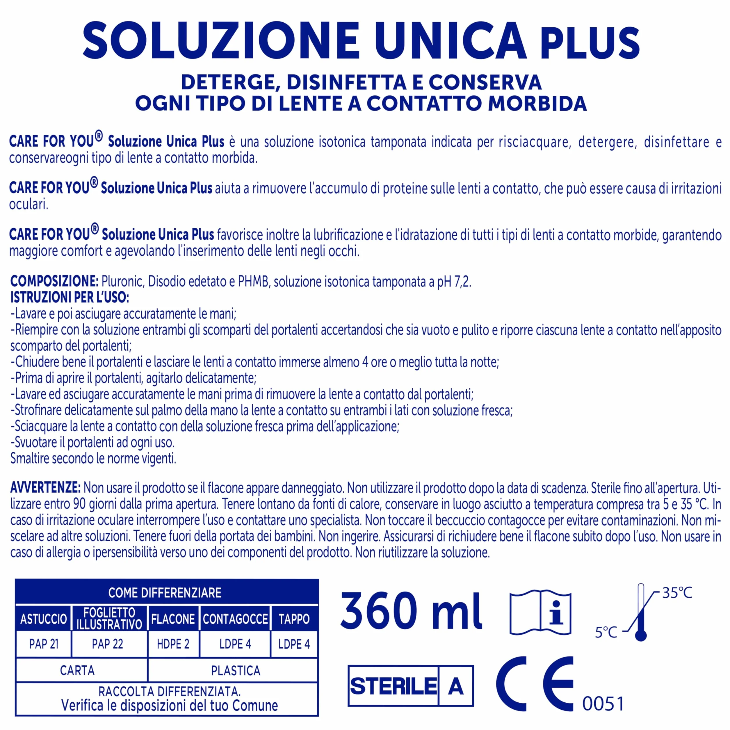 CARE for you, Soluzione Unica Plus - Liquido Lenti a Contatto Morbide, Idrata e Lubrifica, Soluzione Salina per Lenti, Deterge e Disinfetta, 360 ml