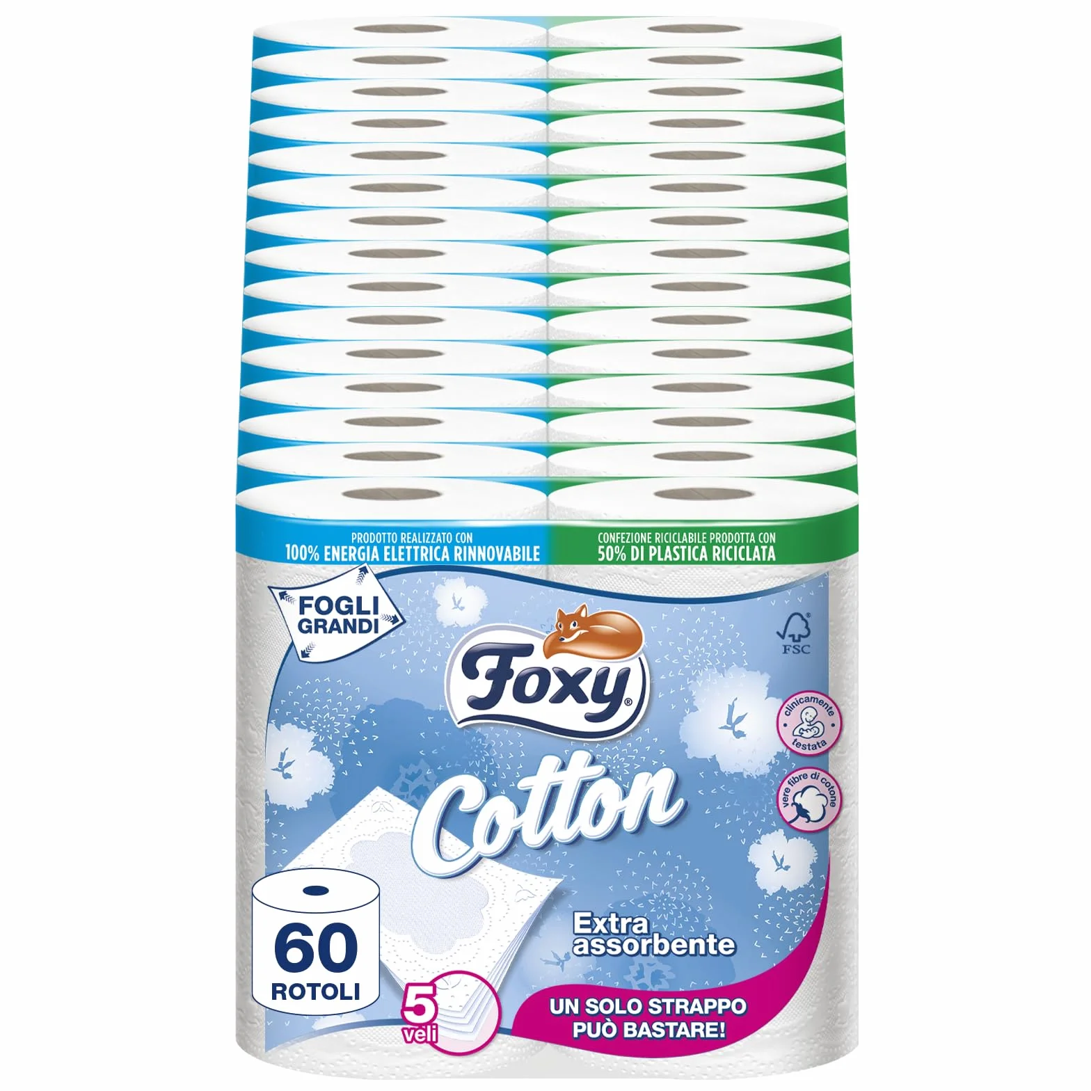 Carta Igienica 5 Veli 60 Rotoli Foxy Cotton con Vere Fibre di Cotone Extra Large FSC