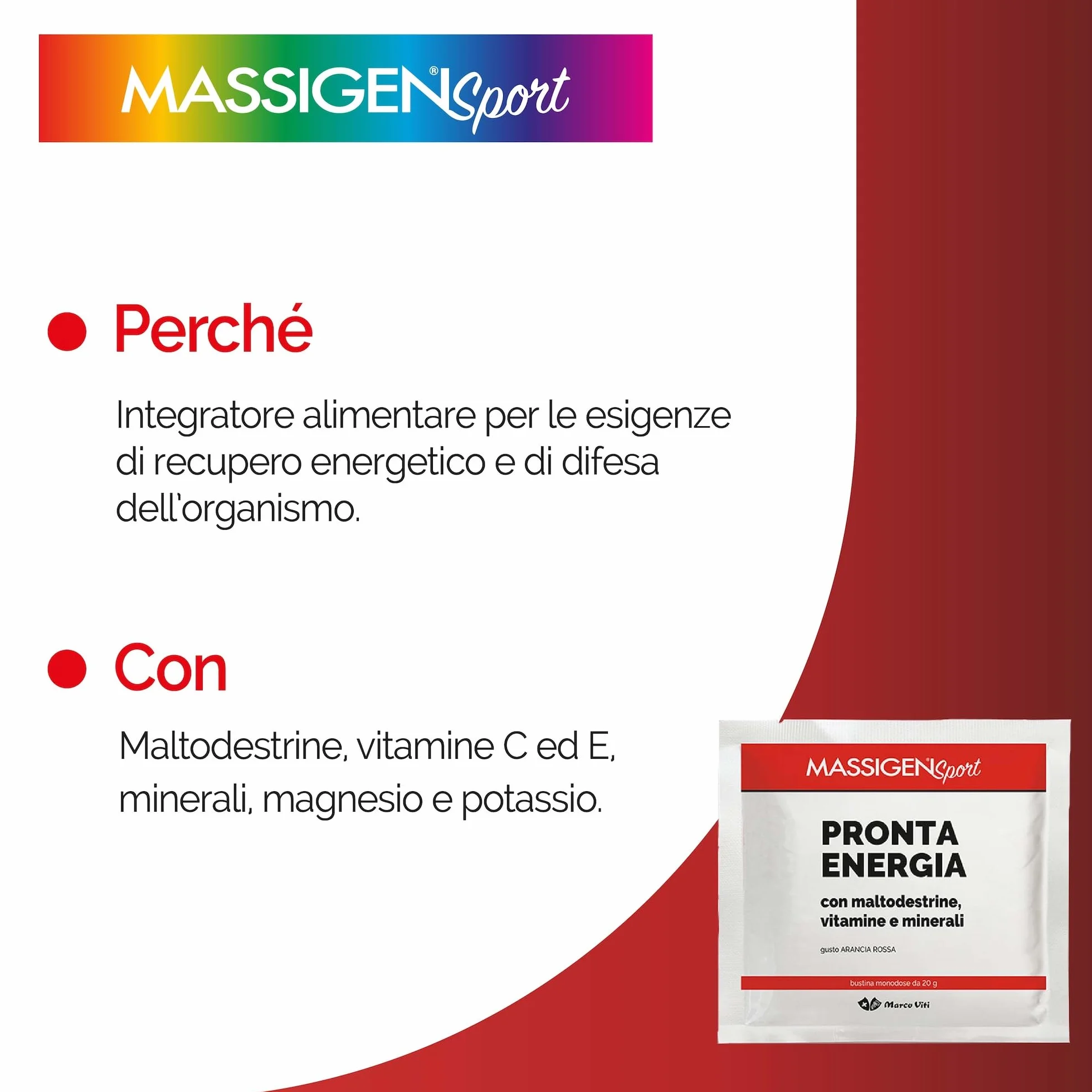 Massigen - Pronta Energia Sport, Integratore Energetico con Maltodestrine, Minerali e Vitamine, 12 Bustine da 20 g