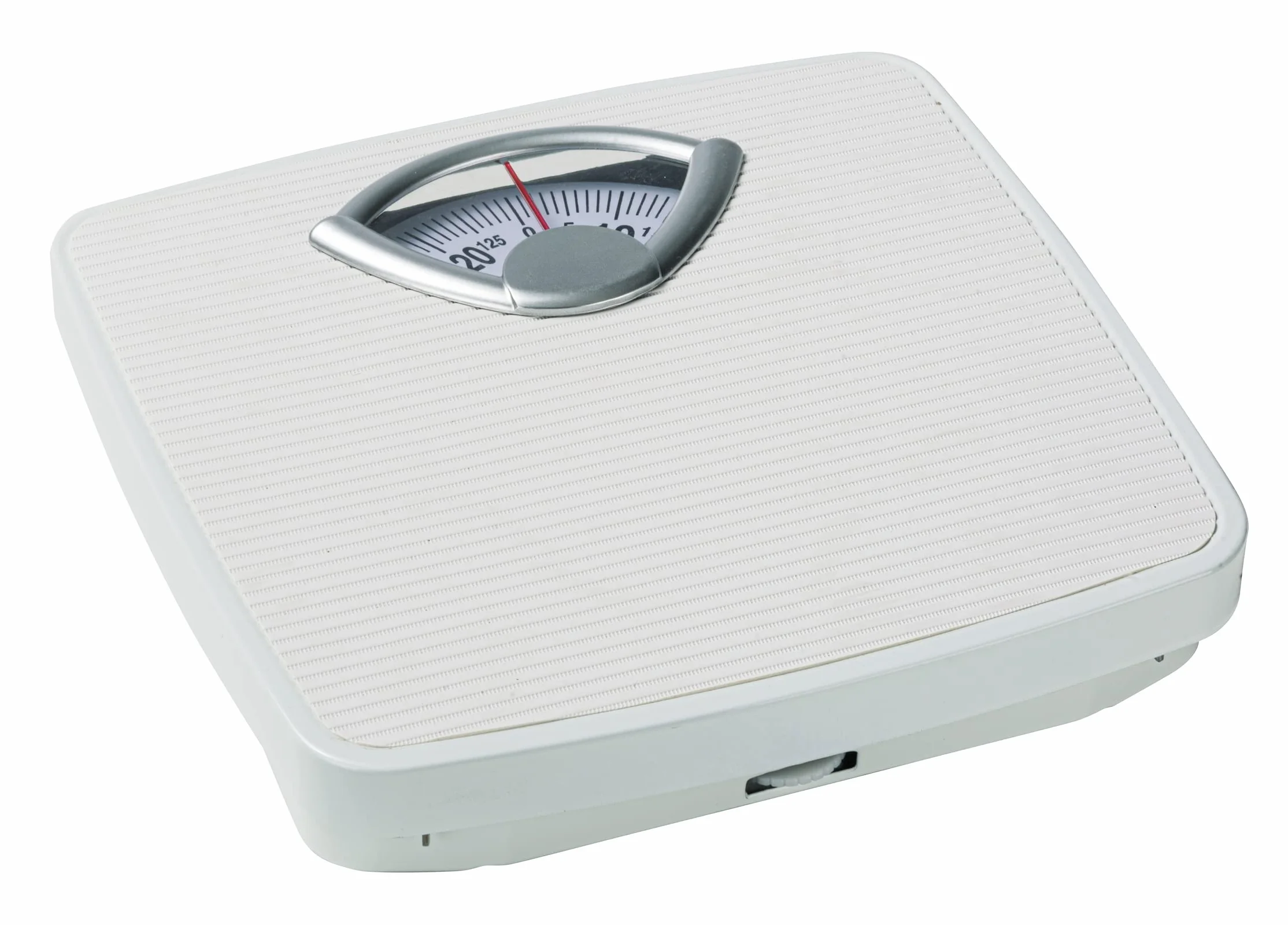 Bilancia meccanica, precisa e analogica WENKO con ampia scala e battistrada antiscivolo, campo di misura fino a 130 kg con incrementi di 1 kg, alloggiamento in metallo bianco, 27 x 4,5 x 26,5 cm