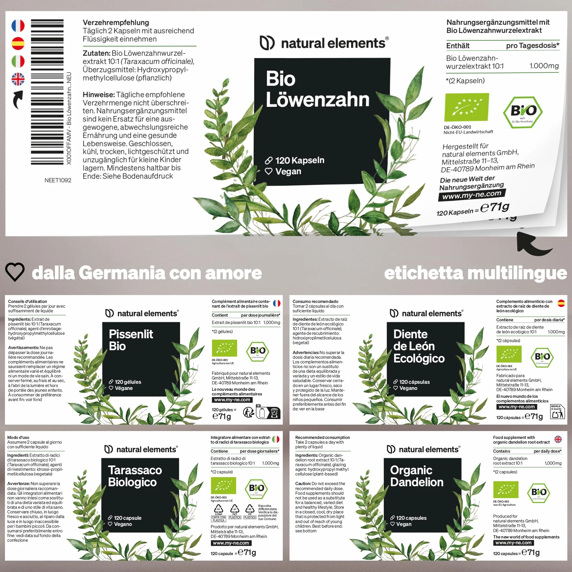 Tarassaco Biologico 120 capsule 1000 mg estratto di radici 10:1 ad alto dosaggio vegano